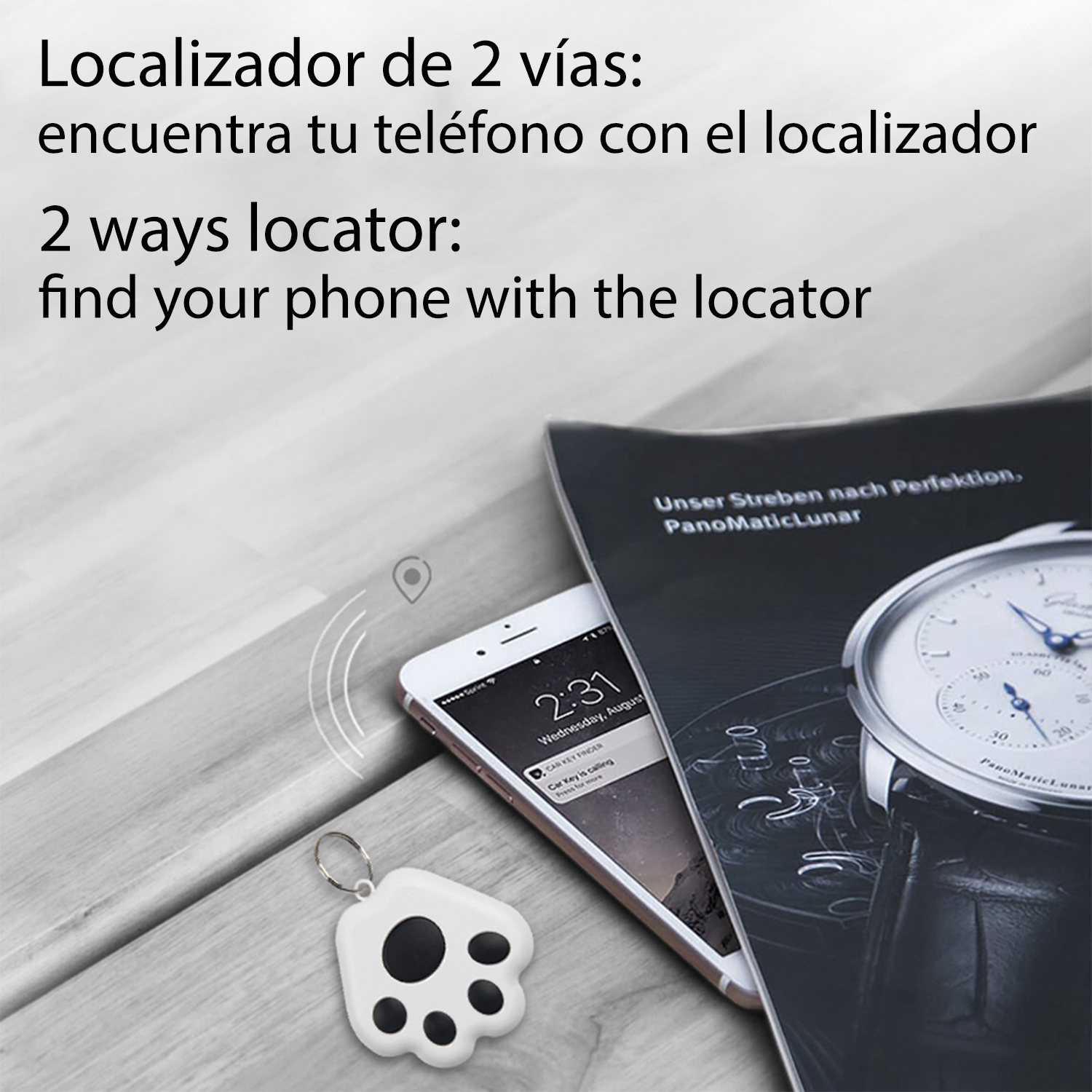 Un teléfono con un localizador en forma de pata. Un libro con un reloj en la portada. Fondo de madera.