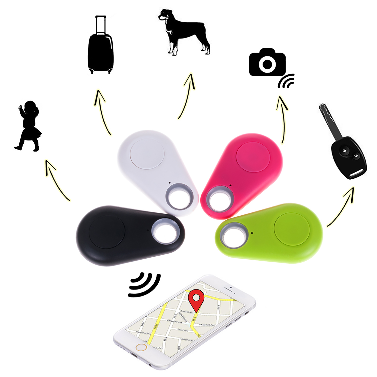 Varios dispositivos de seguimiento en diferentes colores y un teléfono inteligente con una aplicación de mapas.