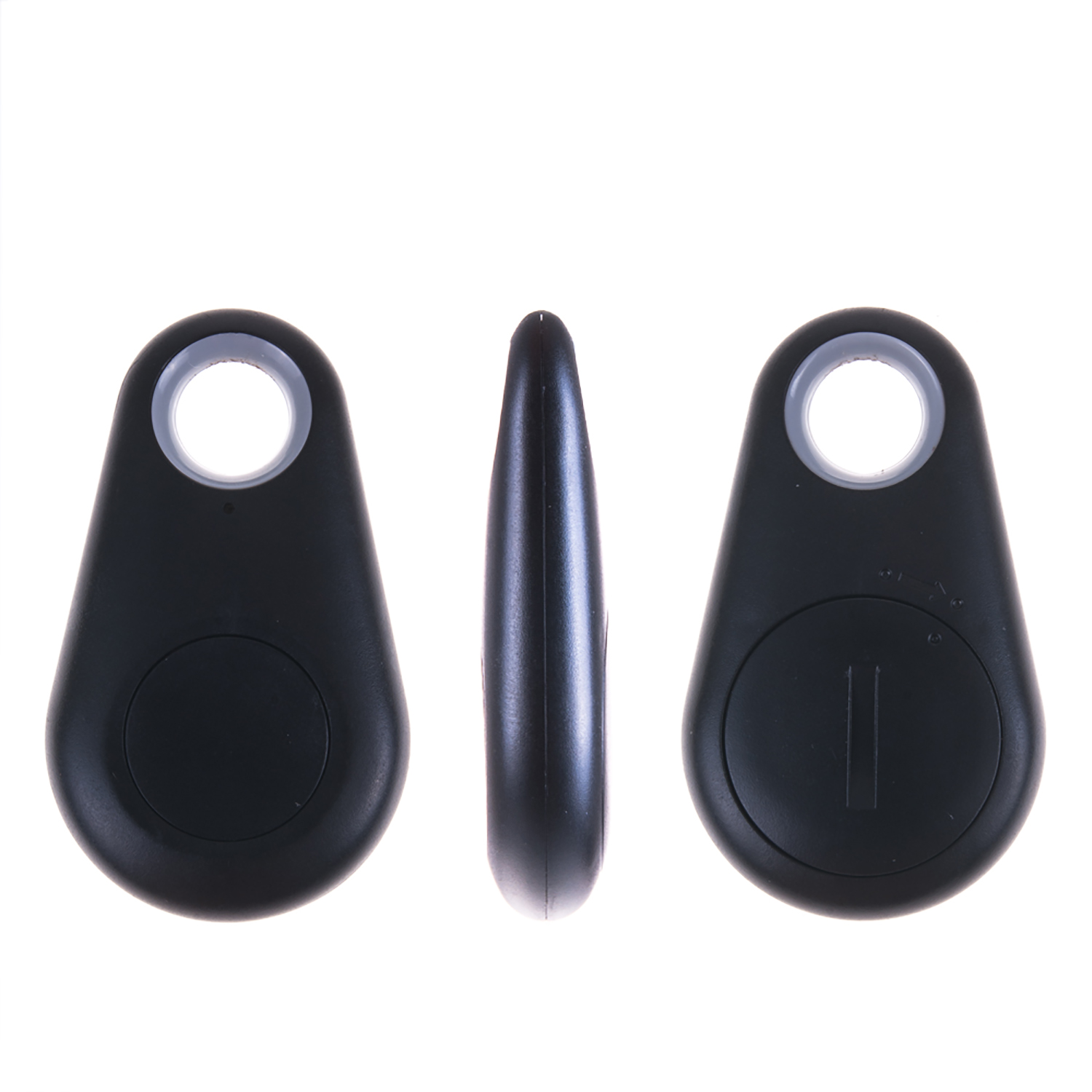 Tres llaveros negros con un agujero, vista lateral y frontal.