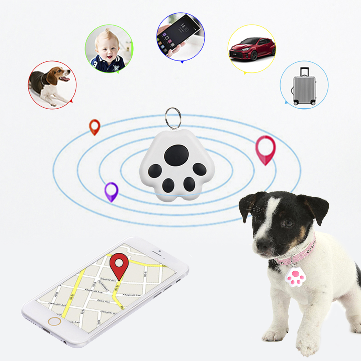 Un perro con una chapa y un teléfono mostrando un mapa. Iconos de coche, bebé, persona, maleta y teléfono.