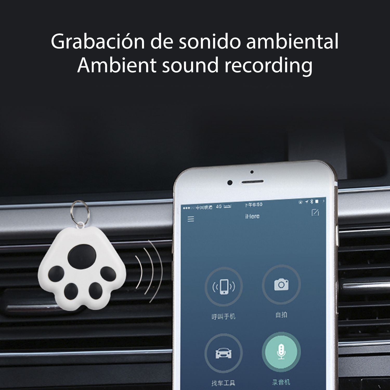 Rastreador blanco en forma de pata con teléfono, mostrando interfaz de app. Oscuro.
