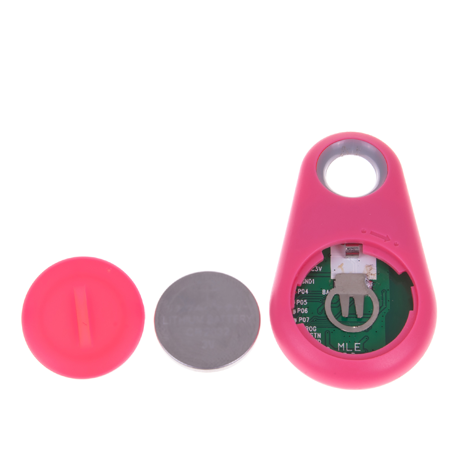 Dispositivo electrónico rosa con una tapa rosa y una moneda de plata.