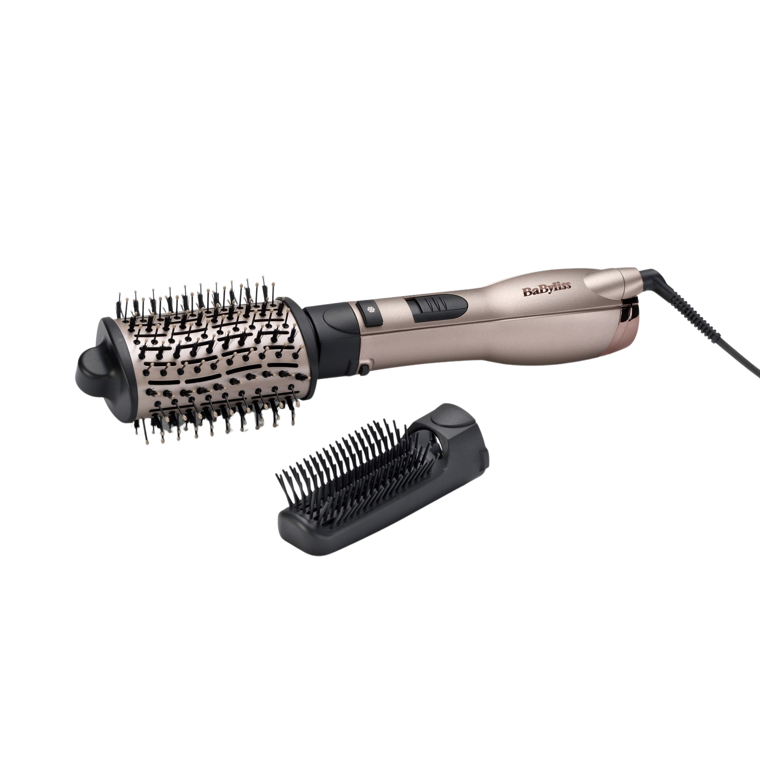Un sèche-cheveux rotatif doré avec un embout brosse et une tête de brosse séparée.