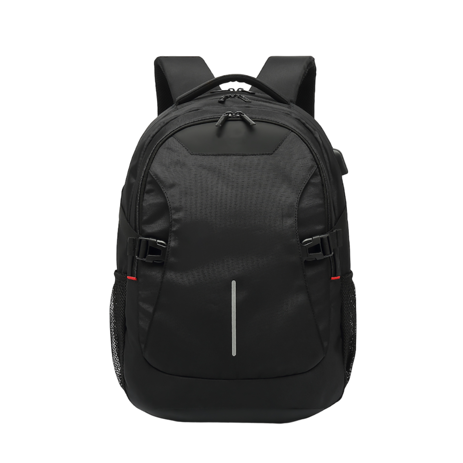 A black backpack with a reflective stripe and red accents on a black background.