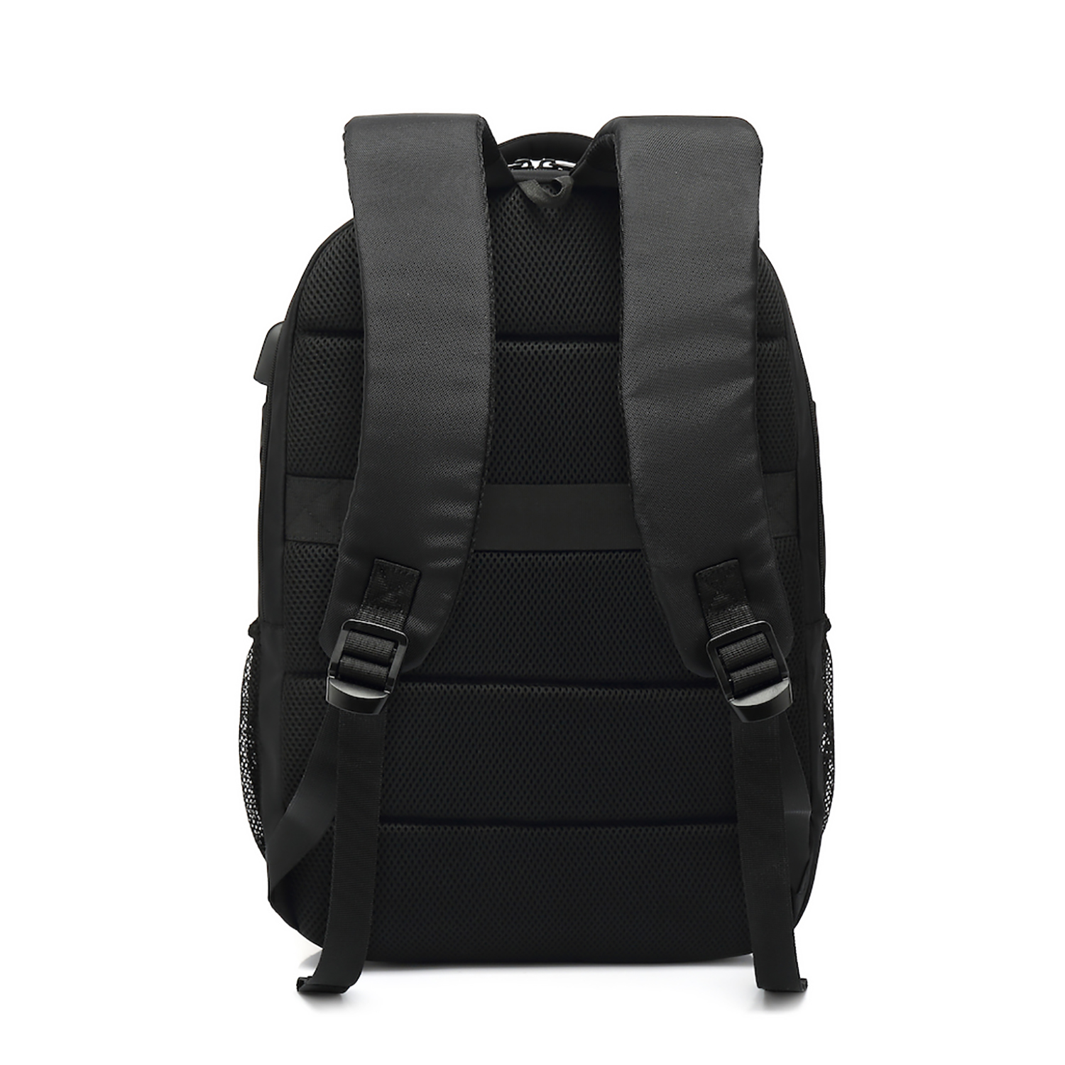 Black backpack with two shoulder straps, a mesh side pocket, and a black background.