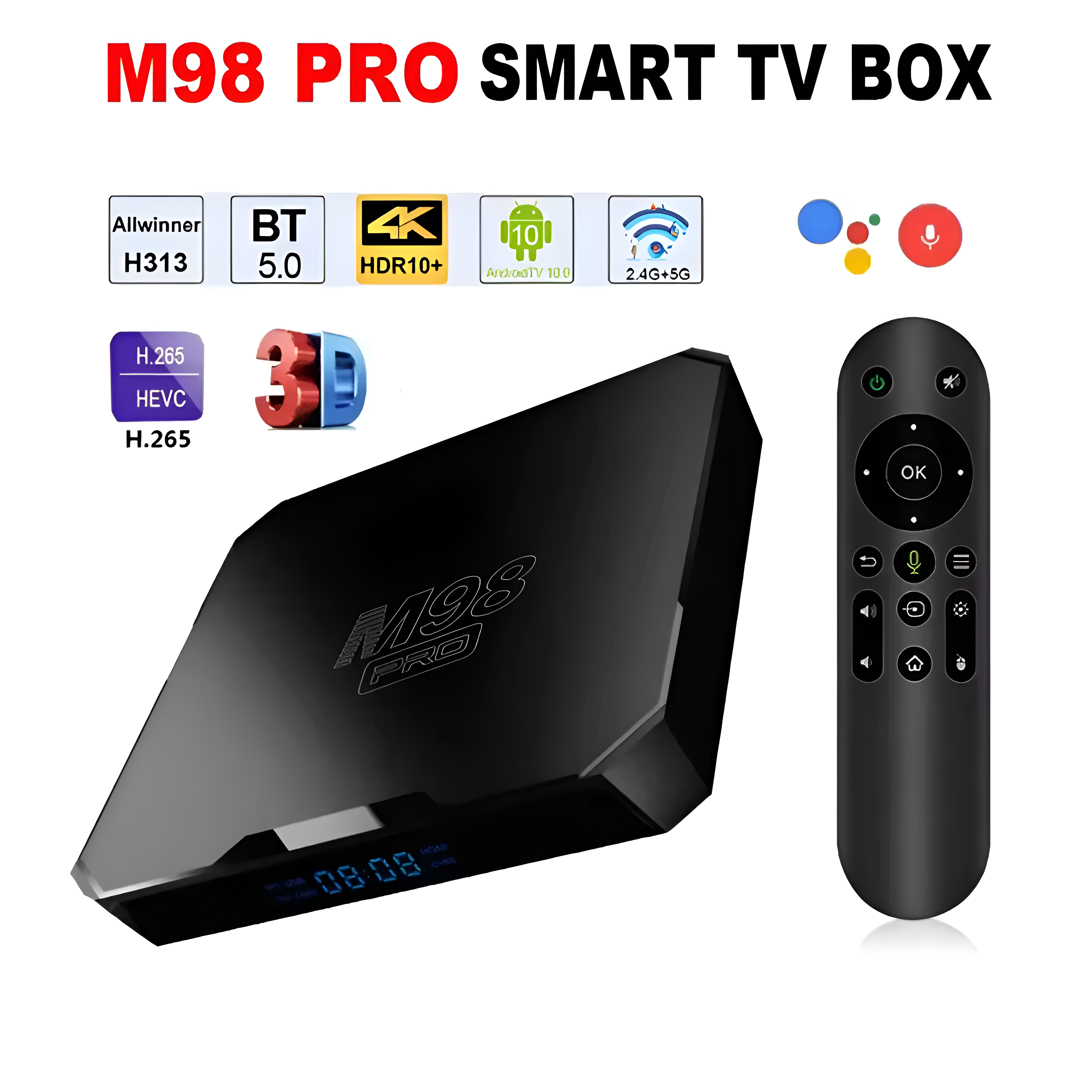 Caja de TV inteligente M98 Pro negra, mando a distancia e iconos.