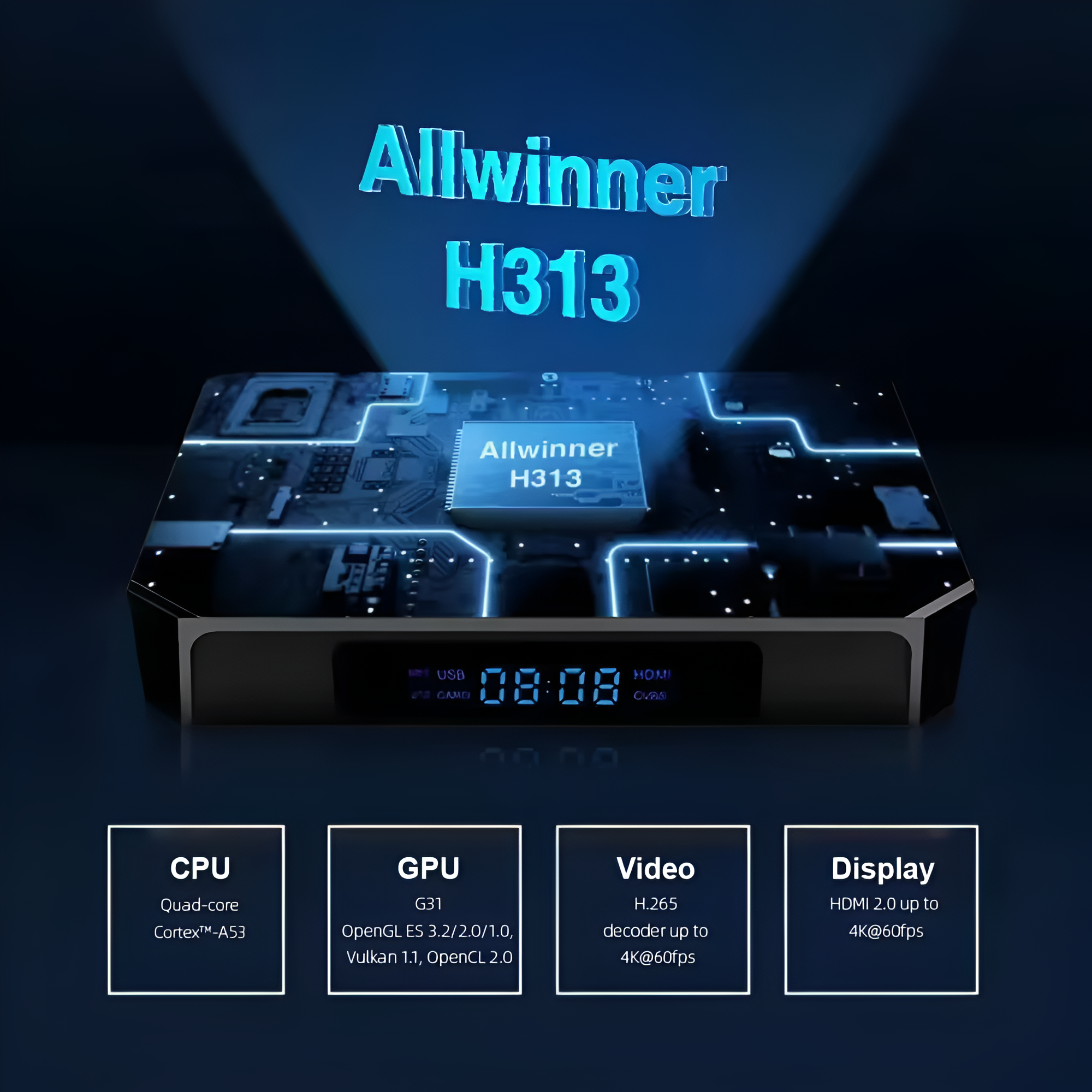 Caja de TV Android negra con CPU Allwinner H313 y pantalla. Características: CPU, GPU, Video, Pantalla.