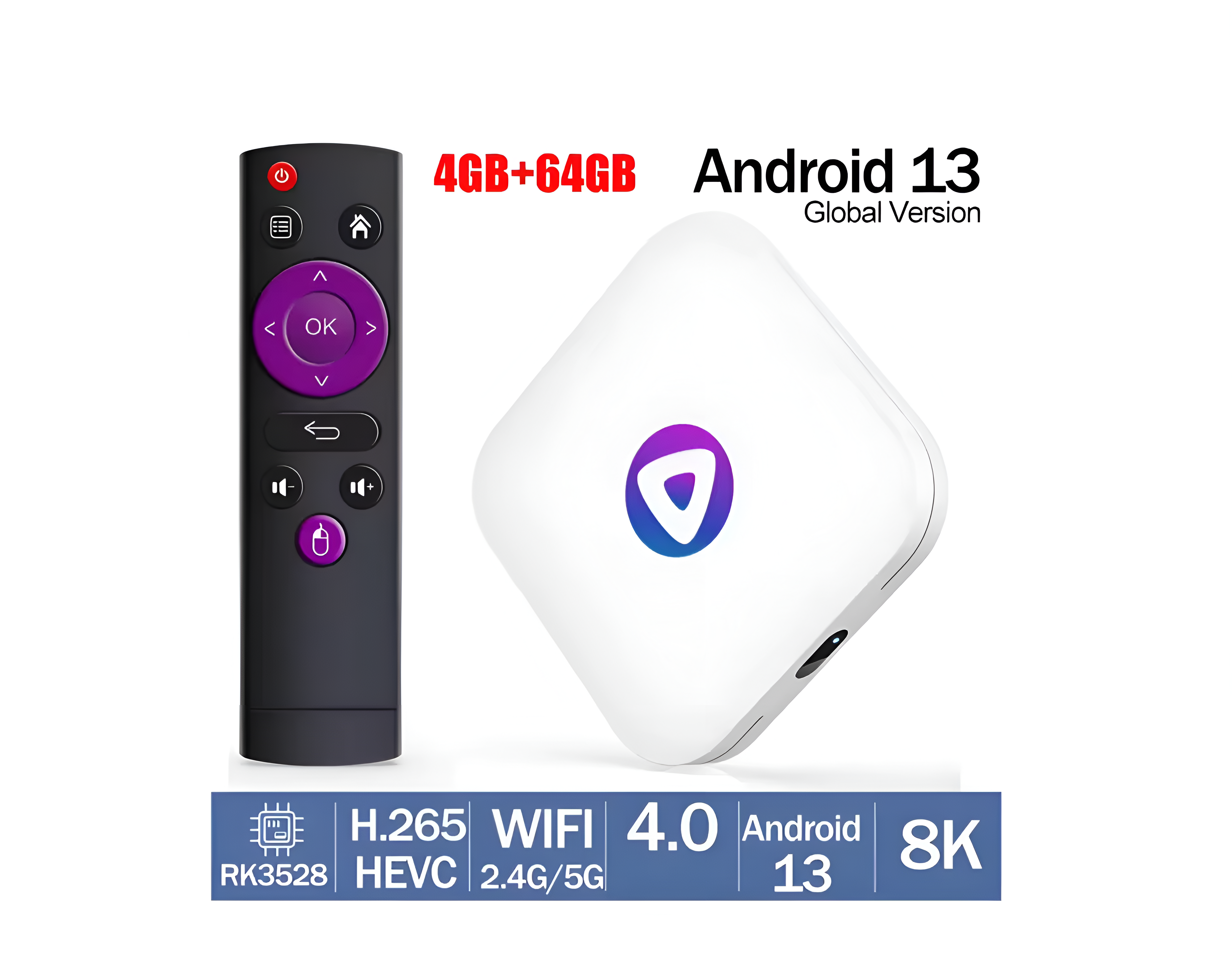 Caja de TV Android blanca con mando a distancia. Muestra información del producto.