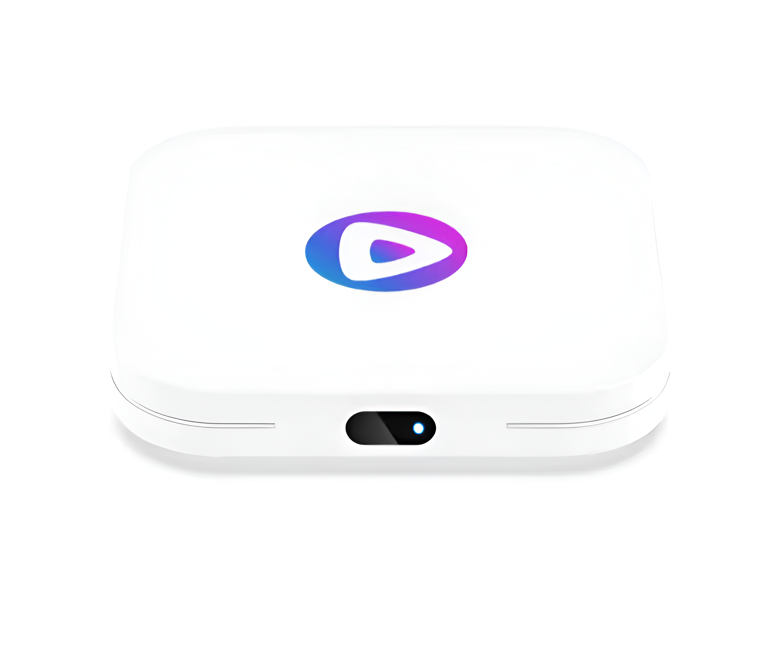 Un dispositivo blanco con un logotipo colorido sobre un fondo blanco.