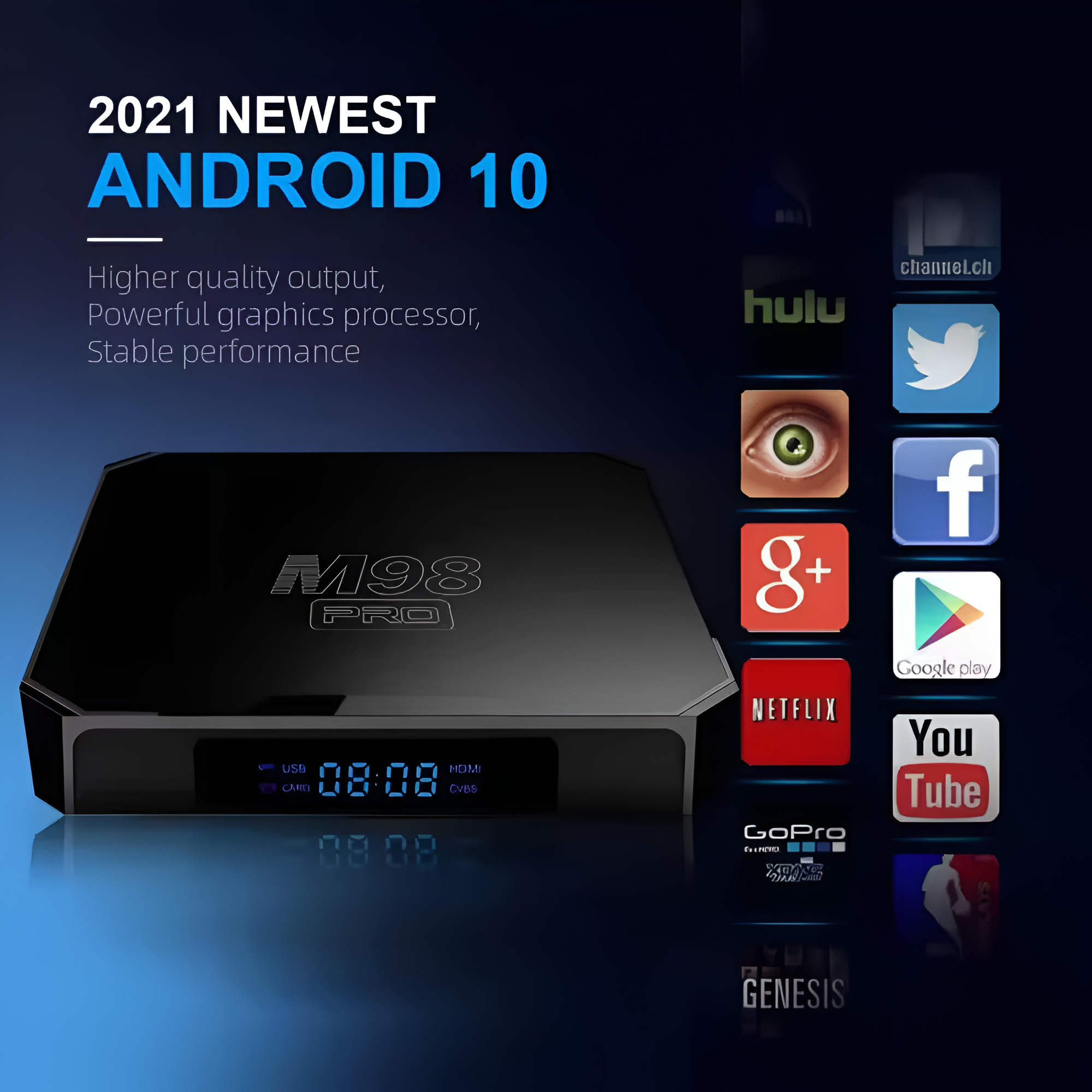 Caja de TV Android negra con logos de servicios streaming y una pantalla de reloj frontal.