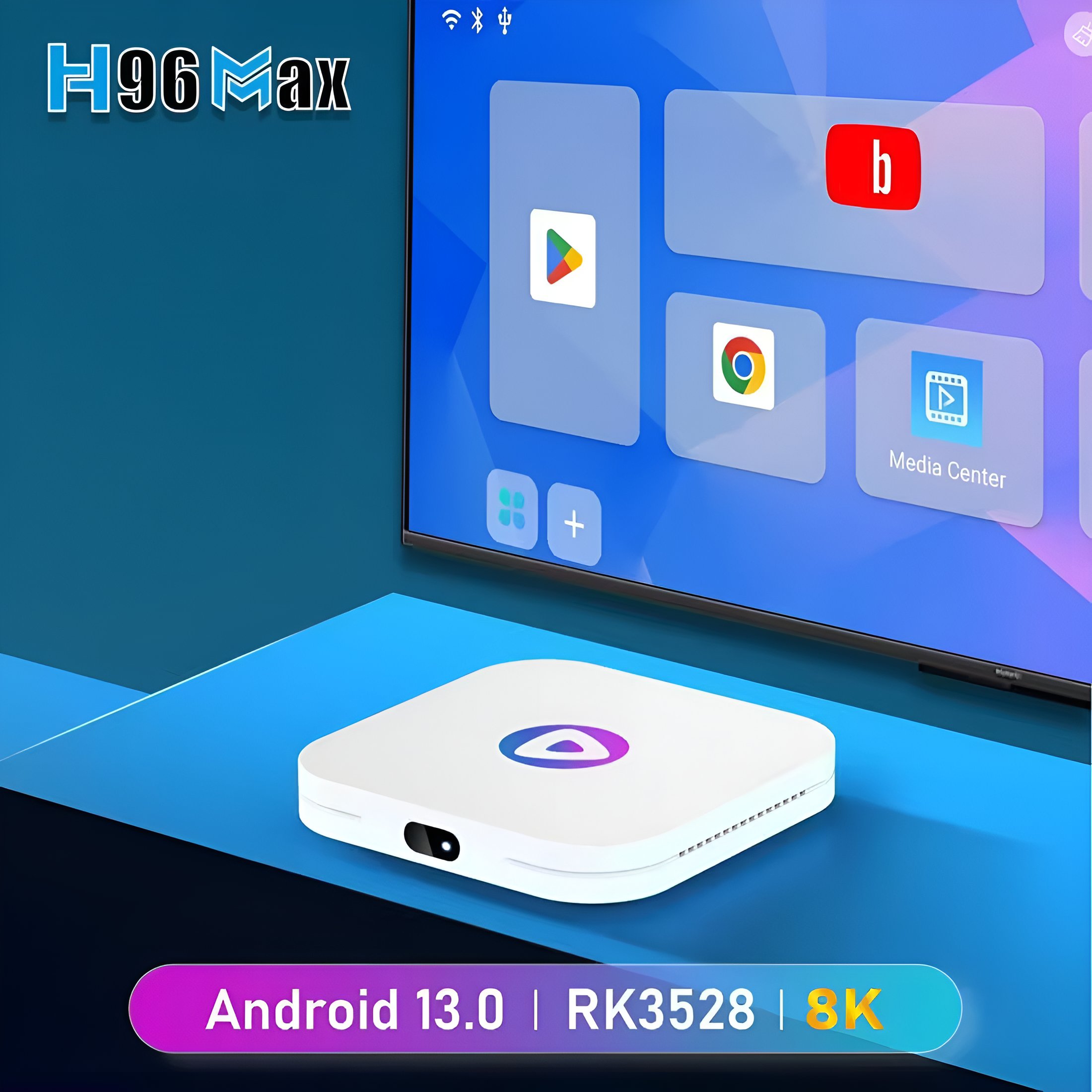 Una caja de TV Android blanca con una pantalla que muestra aplicaciones. El texto dice '8K'.