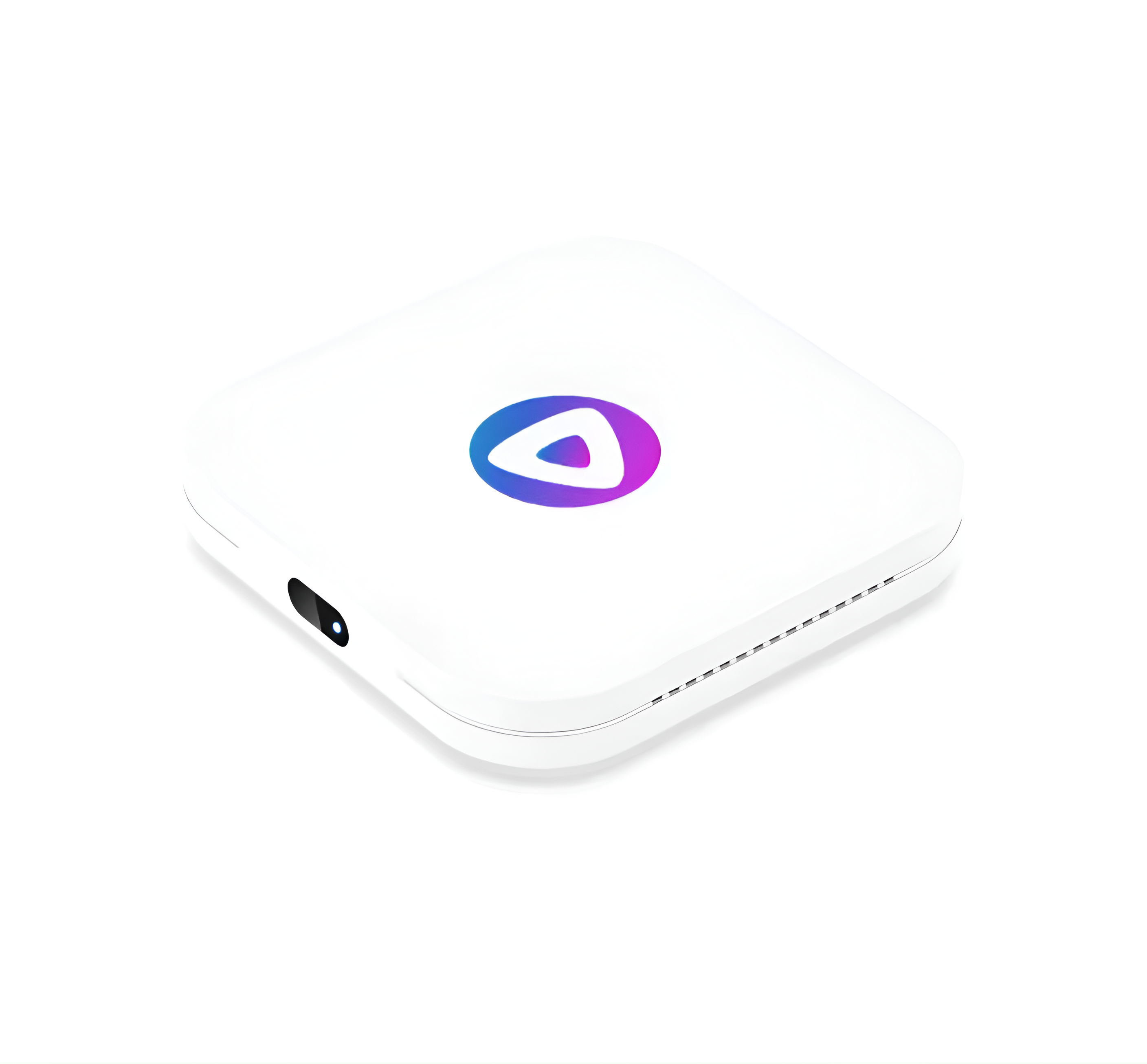 Un dispositivo blanco y cuadrado con un logotipo de color se ve en ángulo sobre un fondo blanco.