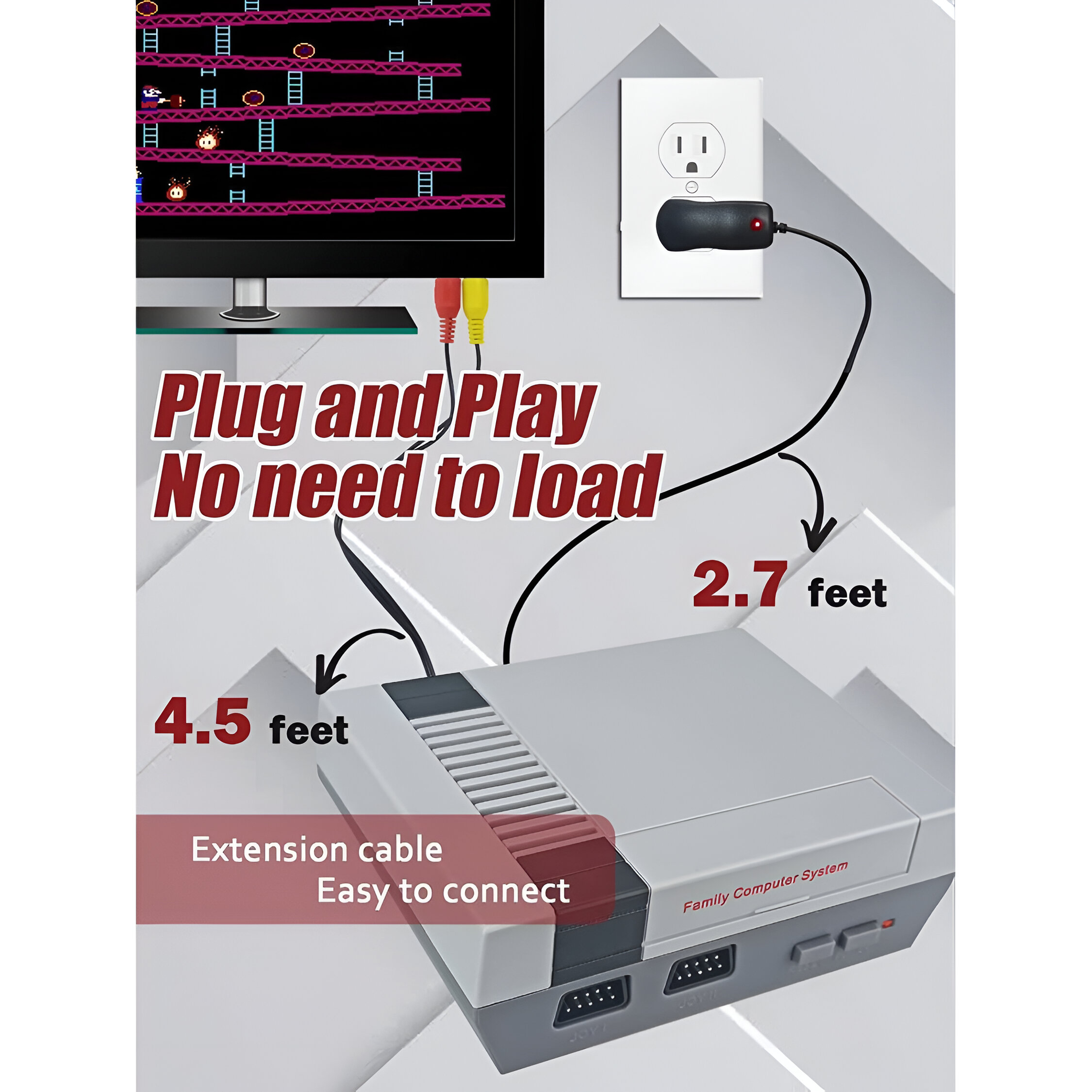 Una consola de juegos retro con un juego mostrado en una pantalla de TV. Los cables conectan la consola al televisor.