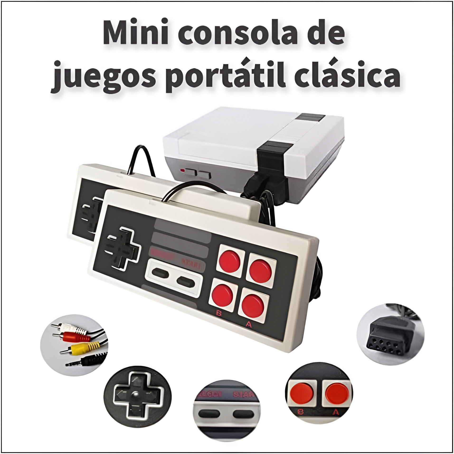 Una mini consola de juegos portátil clásica con mandos y primeros planos de sus partes y botones.