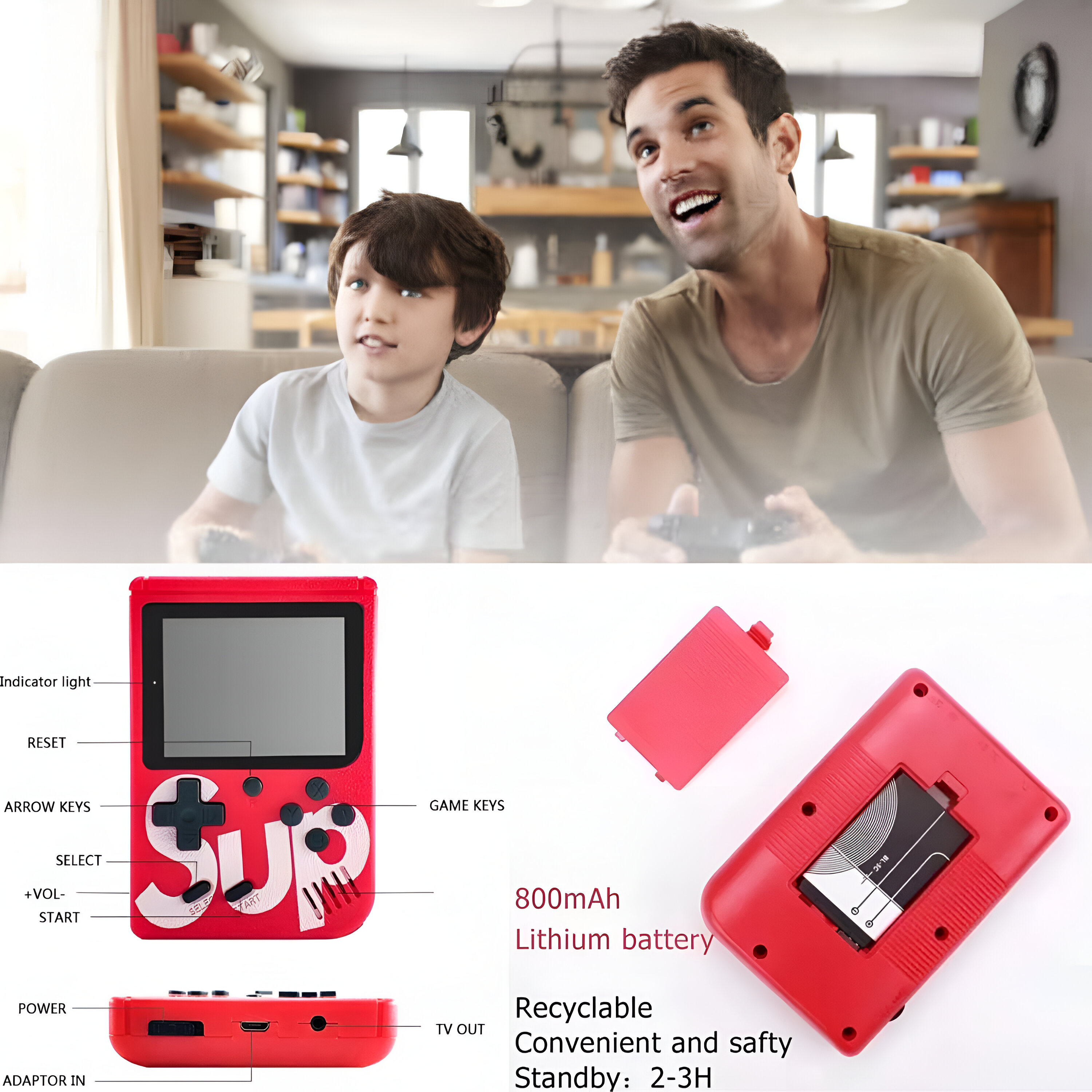 Padre e hijo jugando videojuegos en una consola portátil roja. Diagrama de la consola.