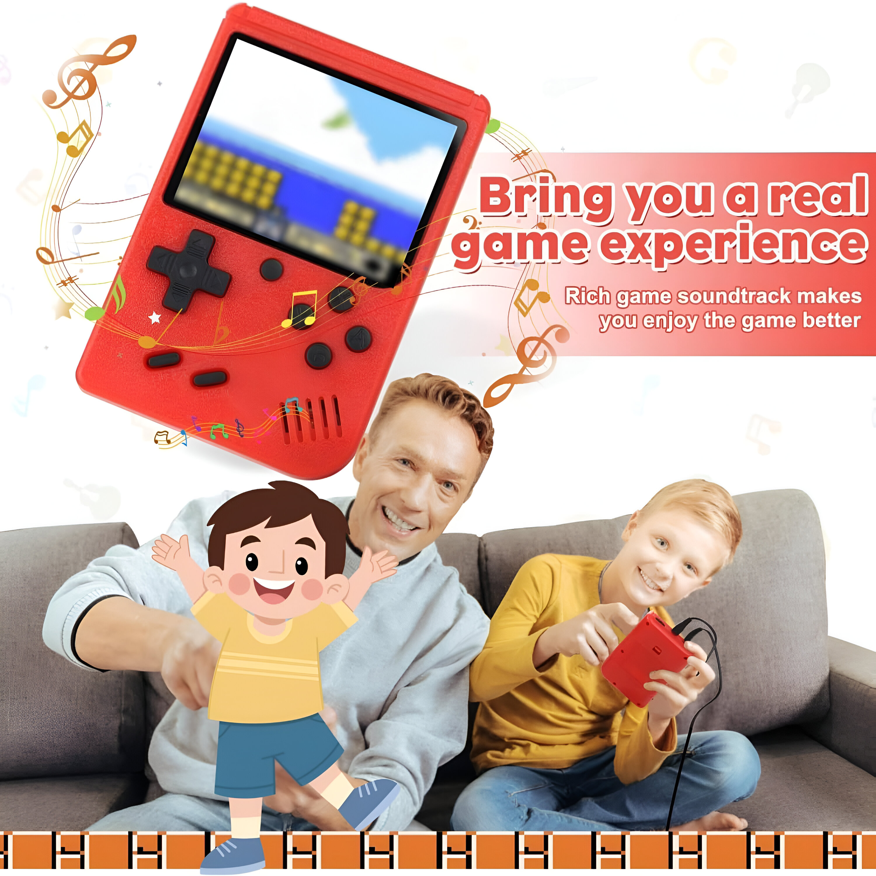 Consola de juegos portátil roja con familia feliz detrás.