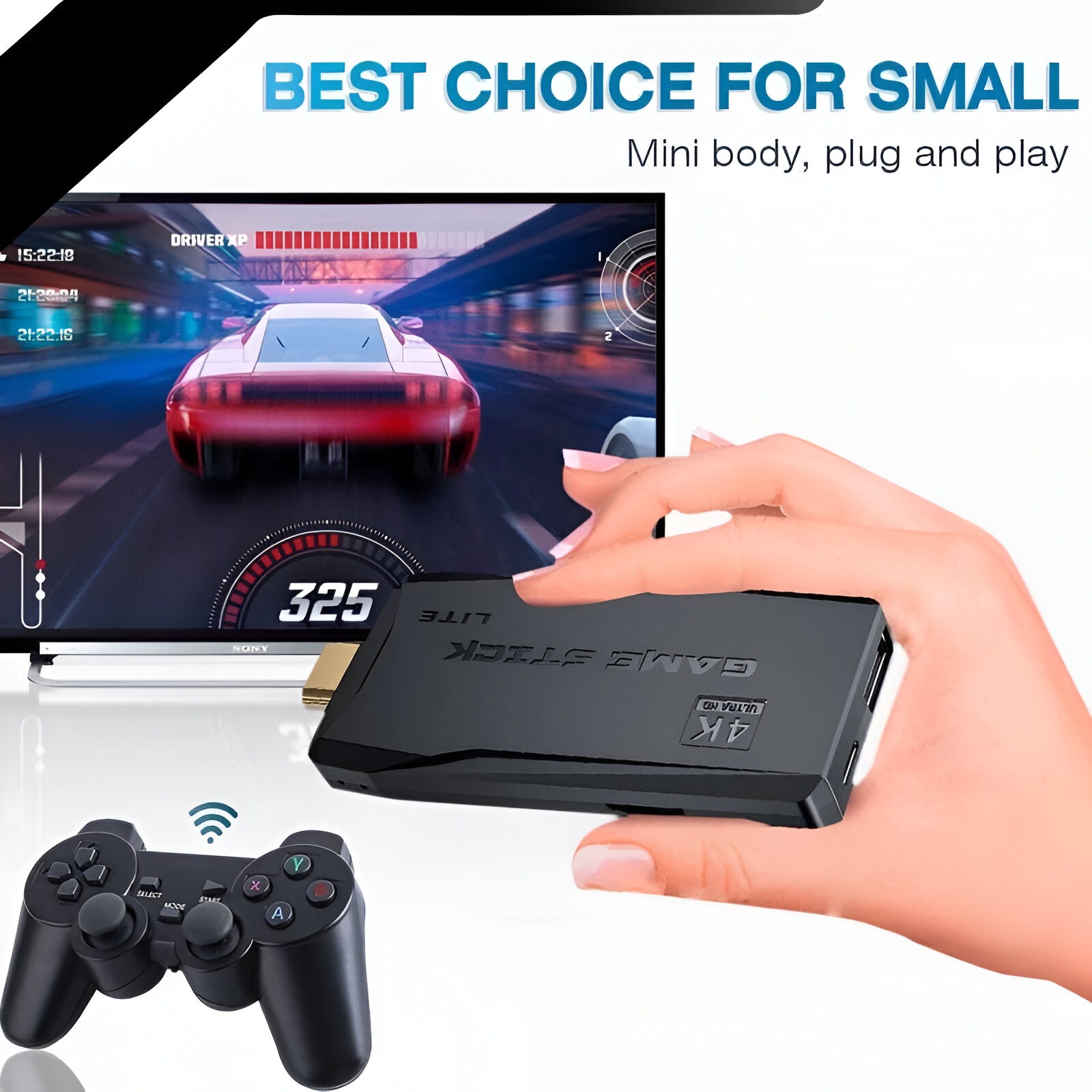 Mano sosteniendo un mando de juego negro. Pantalla TV con juego de carreras. Un mando está cerca.