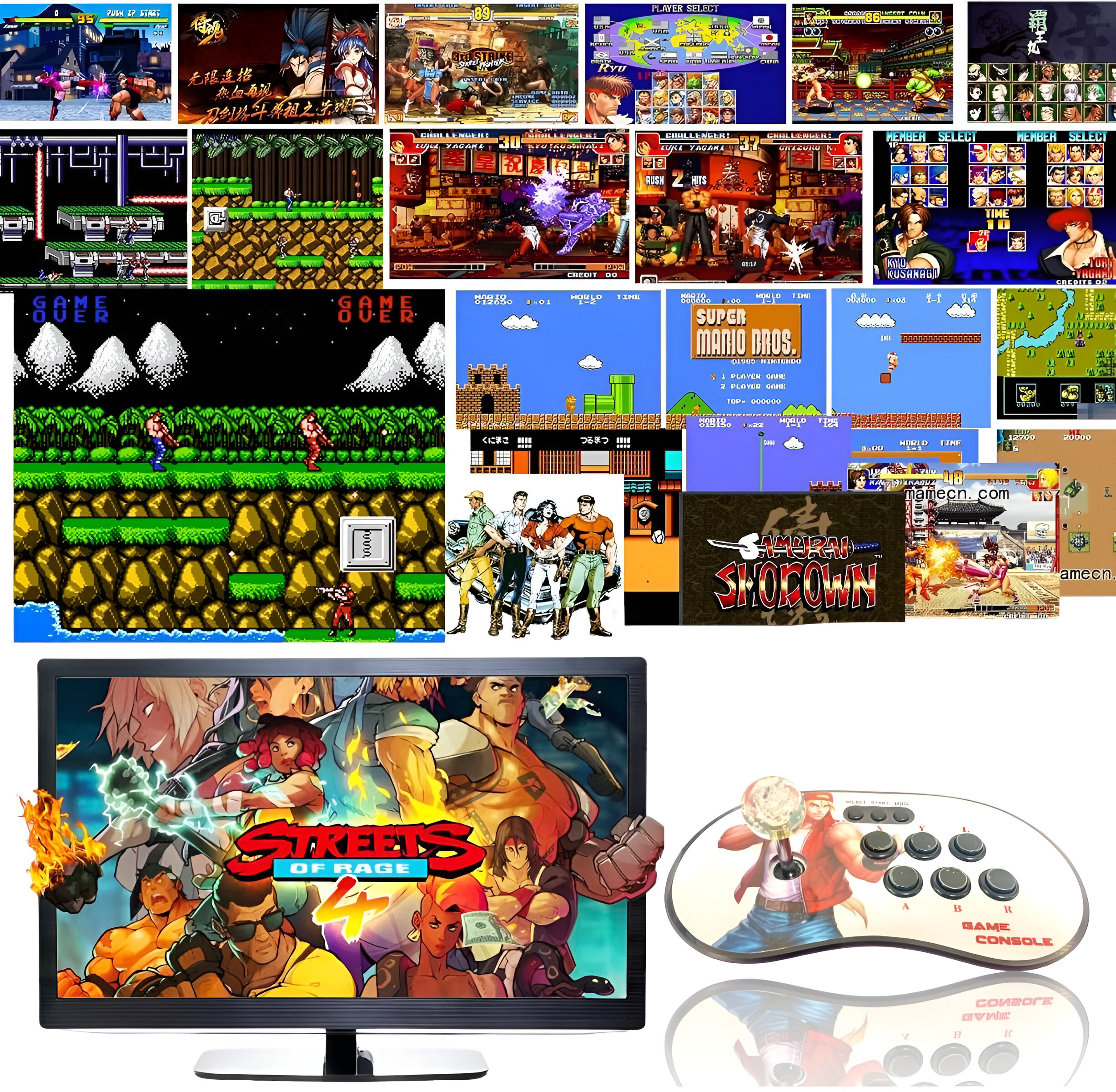 Una colección de pantallas de videojuegos retro y un mando de consola.