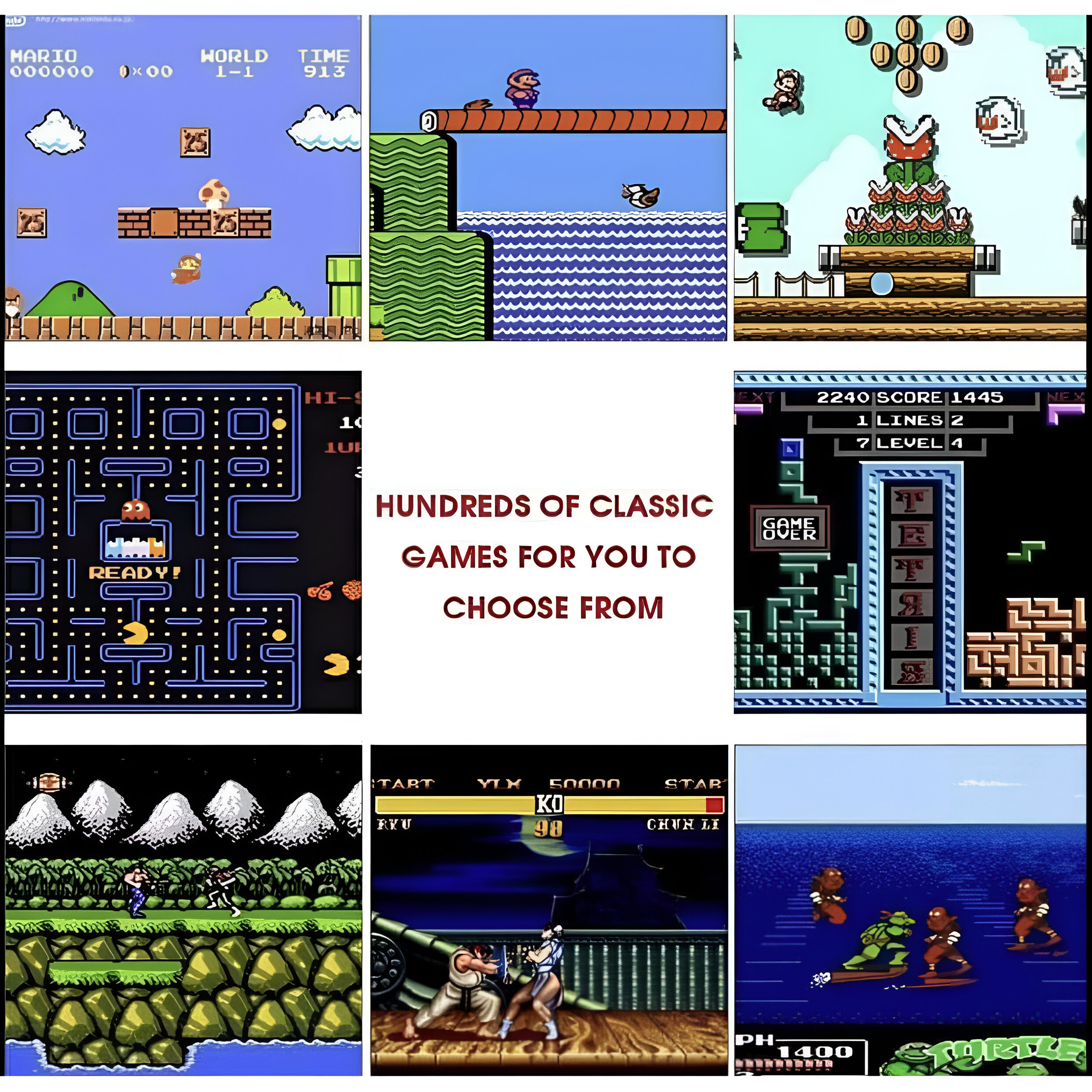 Collage de escenas de videojuegos clásicos. Contiene imágenes de Super Mario, Pac-Man y otros juegos retro.