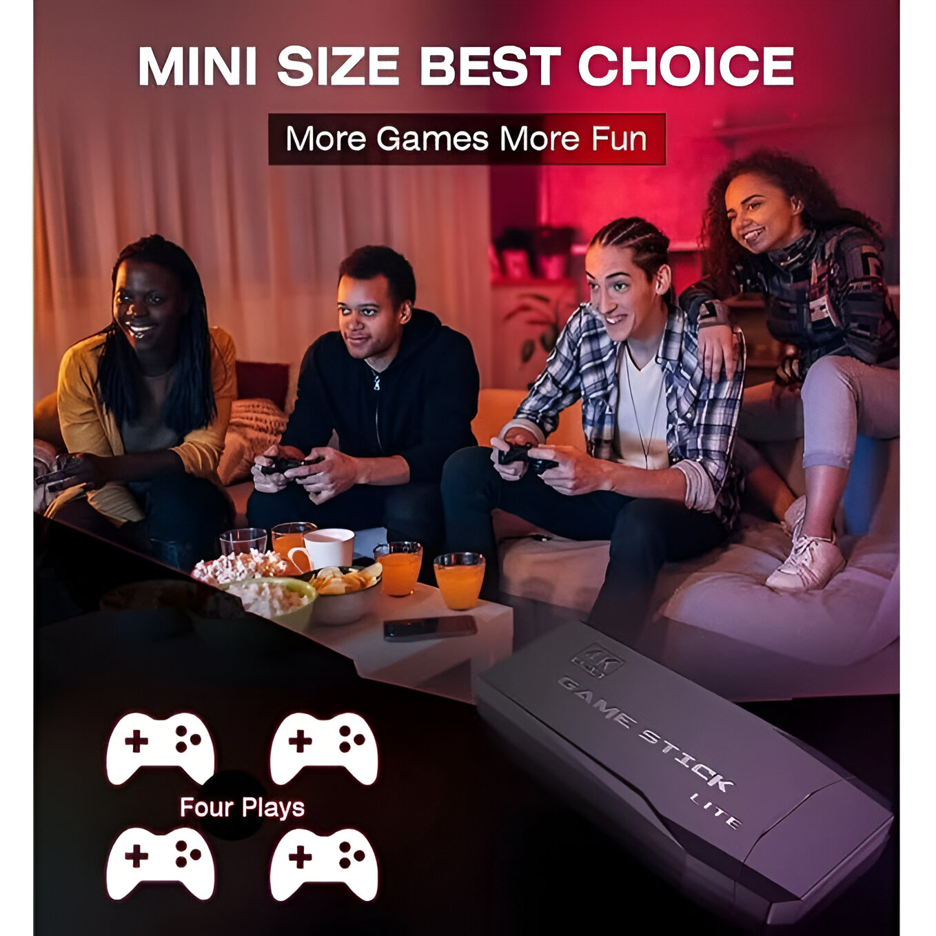 Cuatro personas jugando videojuegos. Una persona está sentada, tres sostienen mandos en una habitación con TV.