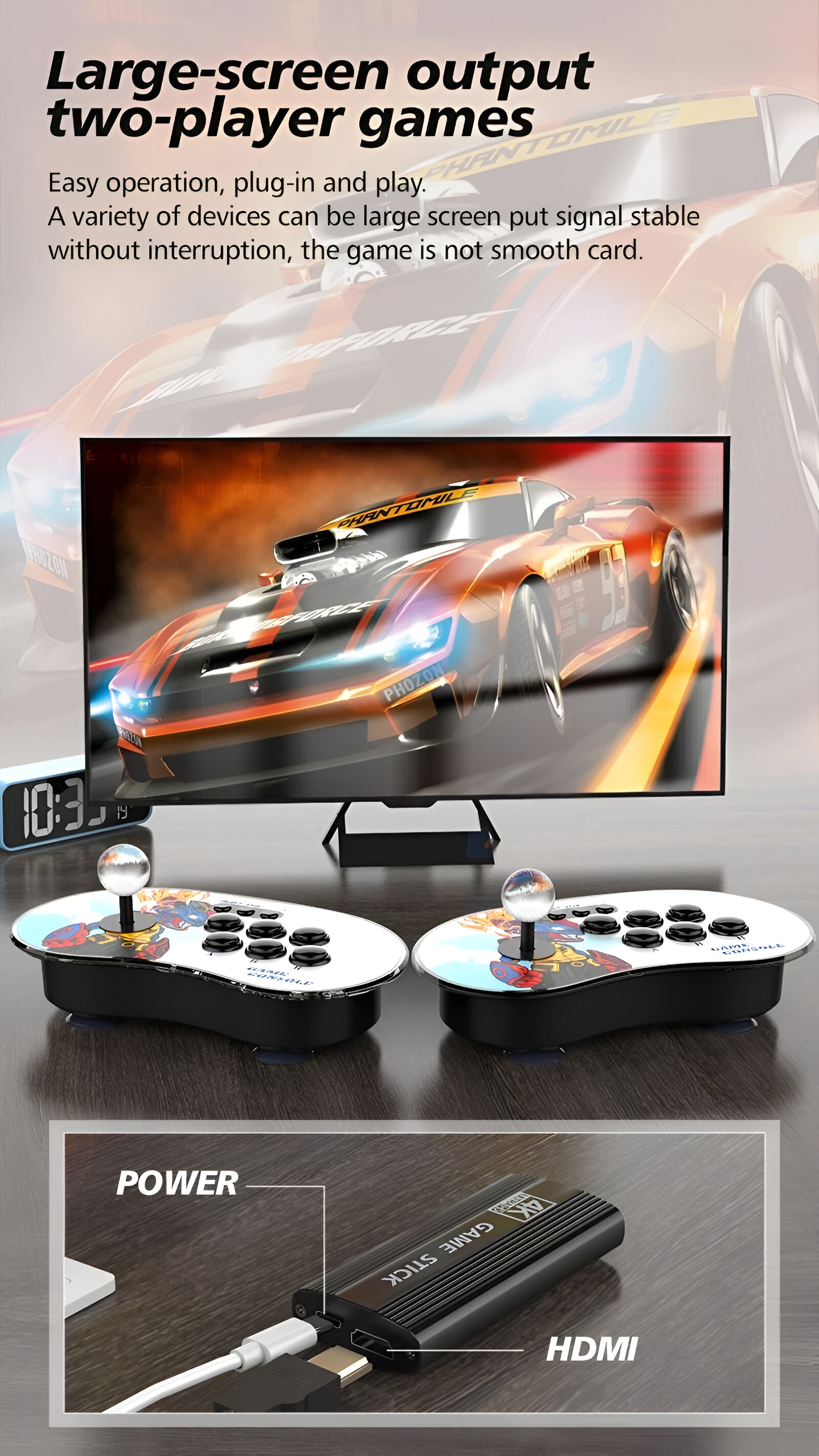 Una configuración de juego para dos jugadores con pantalla grande, joysticks y un game stick.