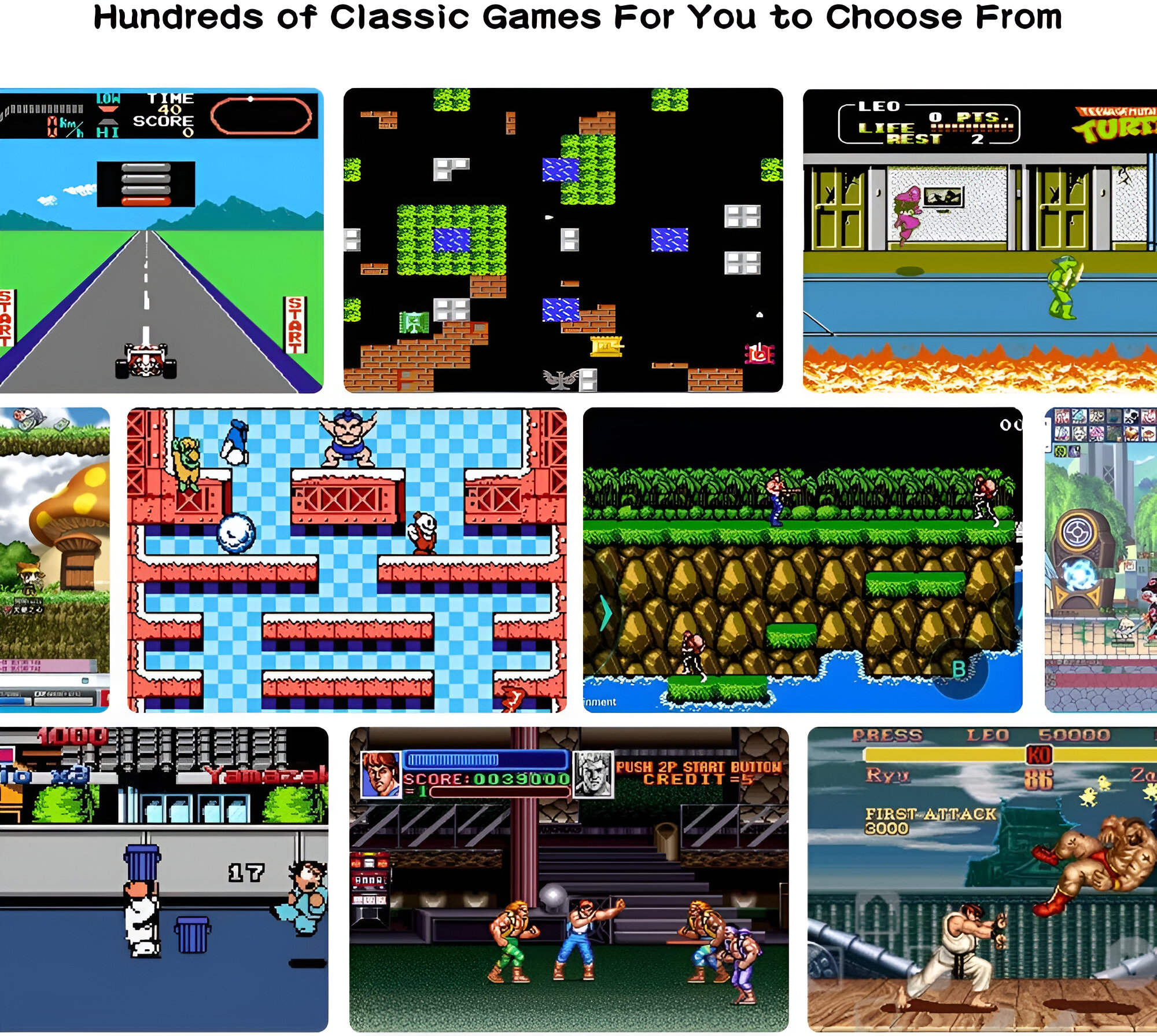 Un collage de pantallas de videojuegos retro que muestran varios juegos clásicos.