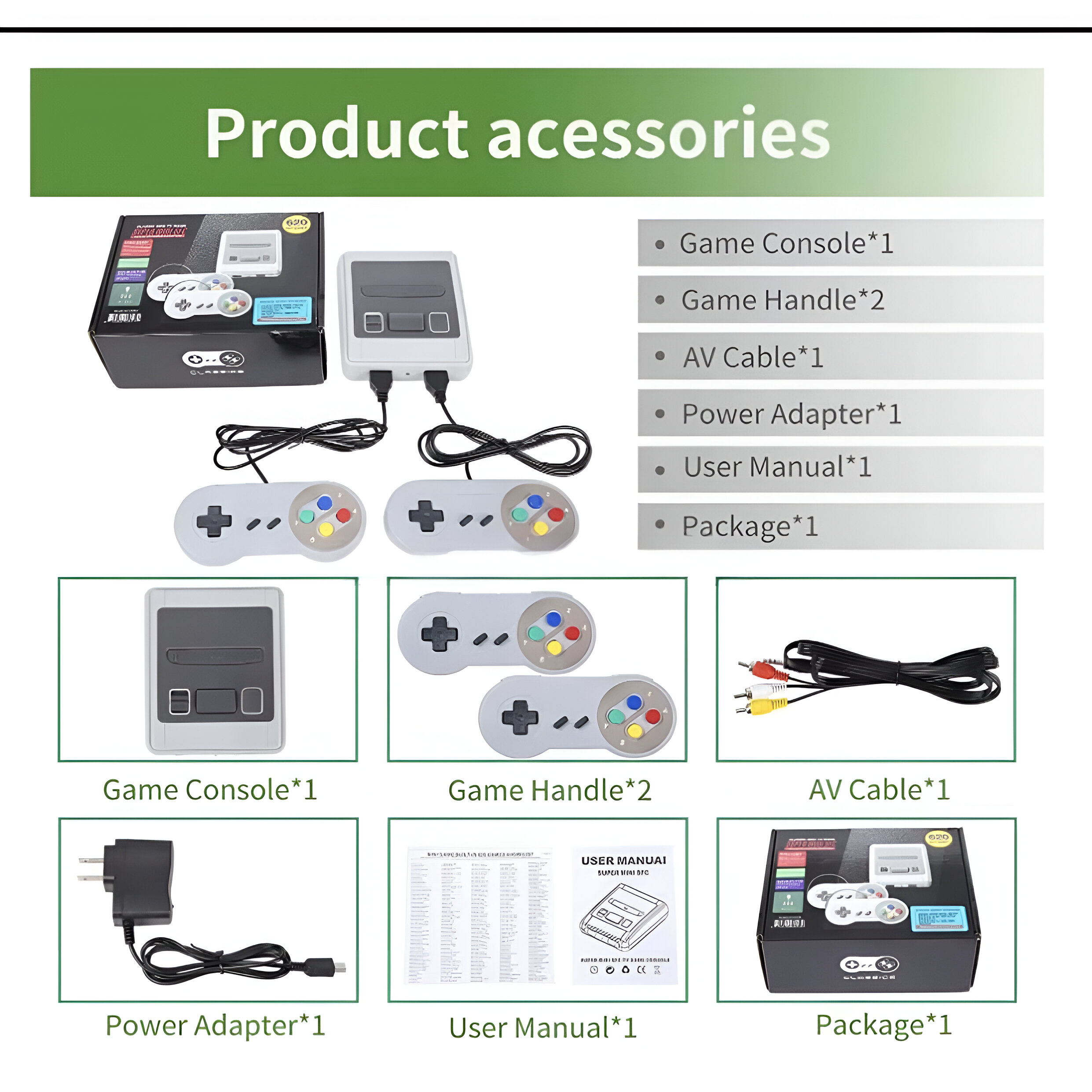 Accesorios de consola. Incluye consola, dos mandos, cable AV, adaptador, manual y embalaje.