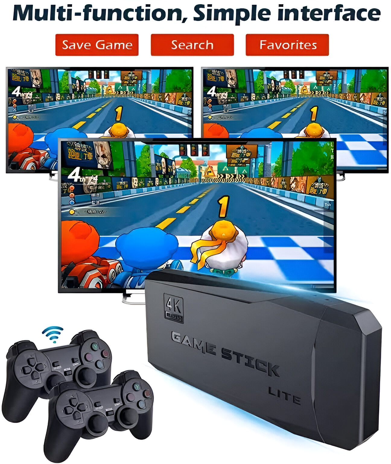 Consola de juegos con tres pantallas que muestran un videojuego. Dos controladores y una consola están en la imagen.