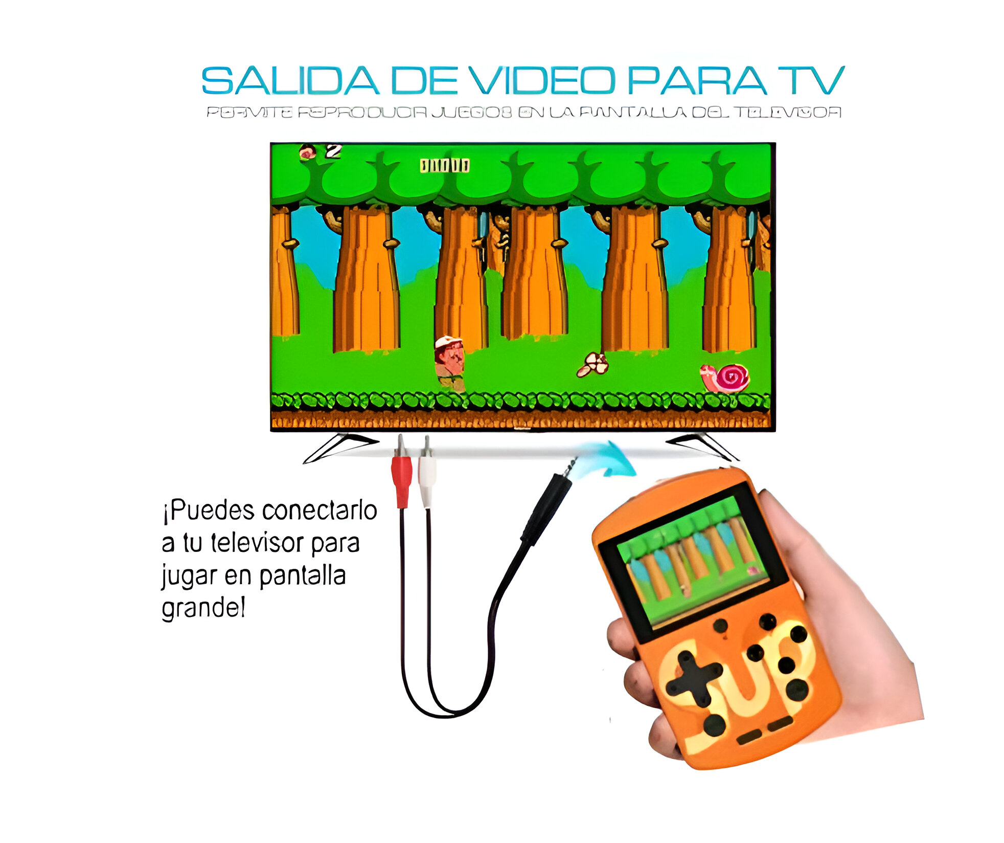 Una consola de juegos retro conectada a un televisor, que muestra una escena de juego pixelada. Mano sostiene la consola.