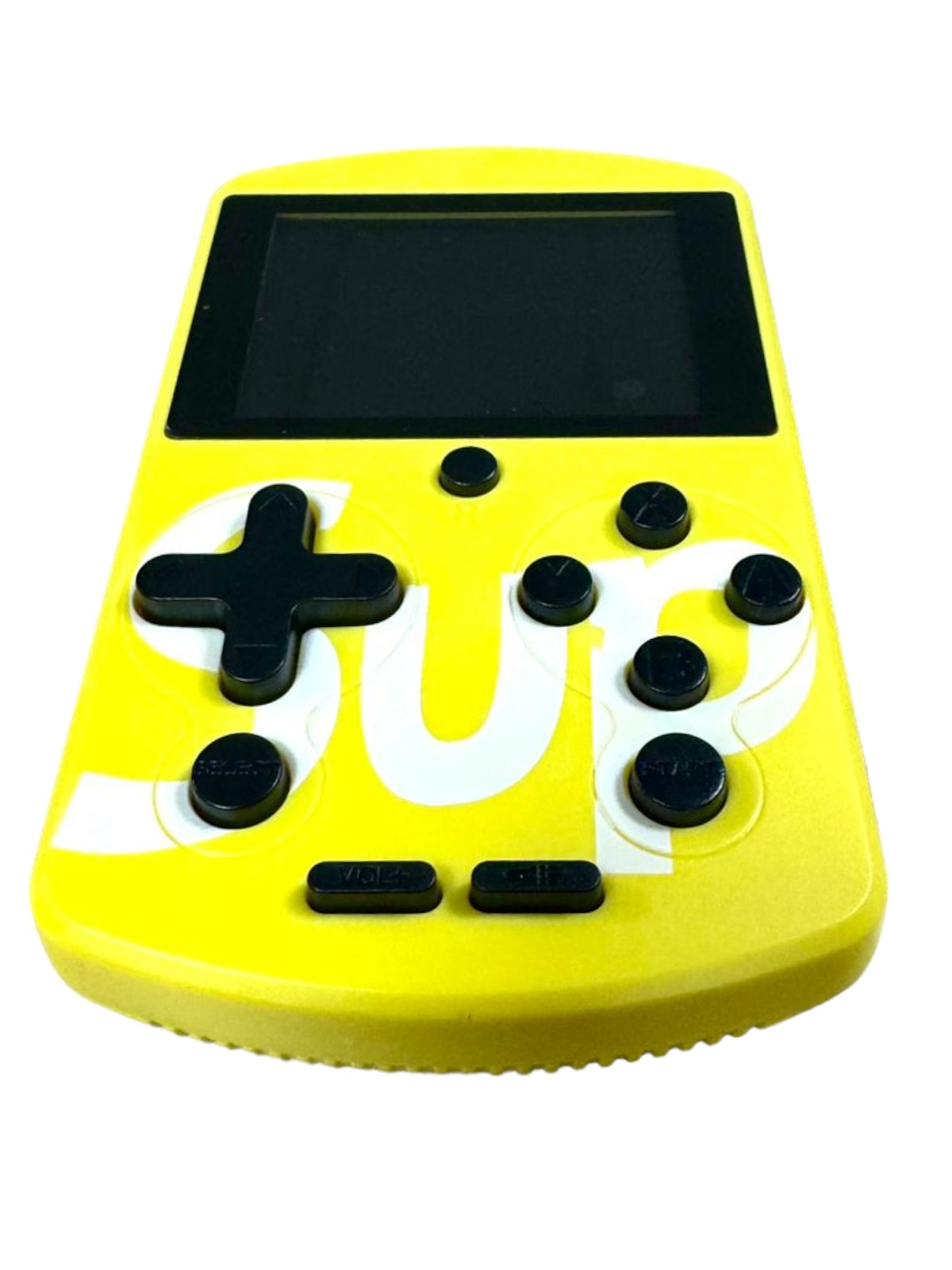 Consola de juegos portátil amarilla con botones negros y pantalla negra, logo SUP.