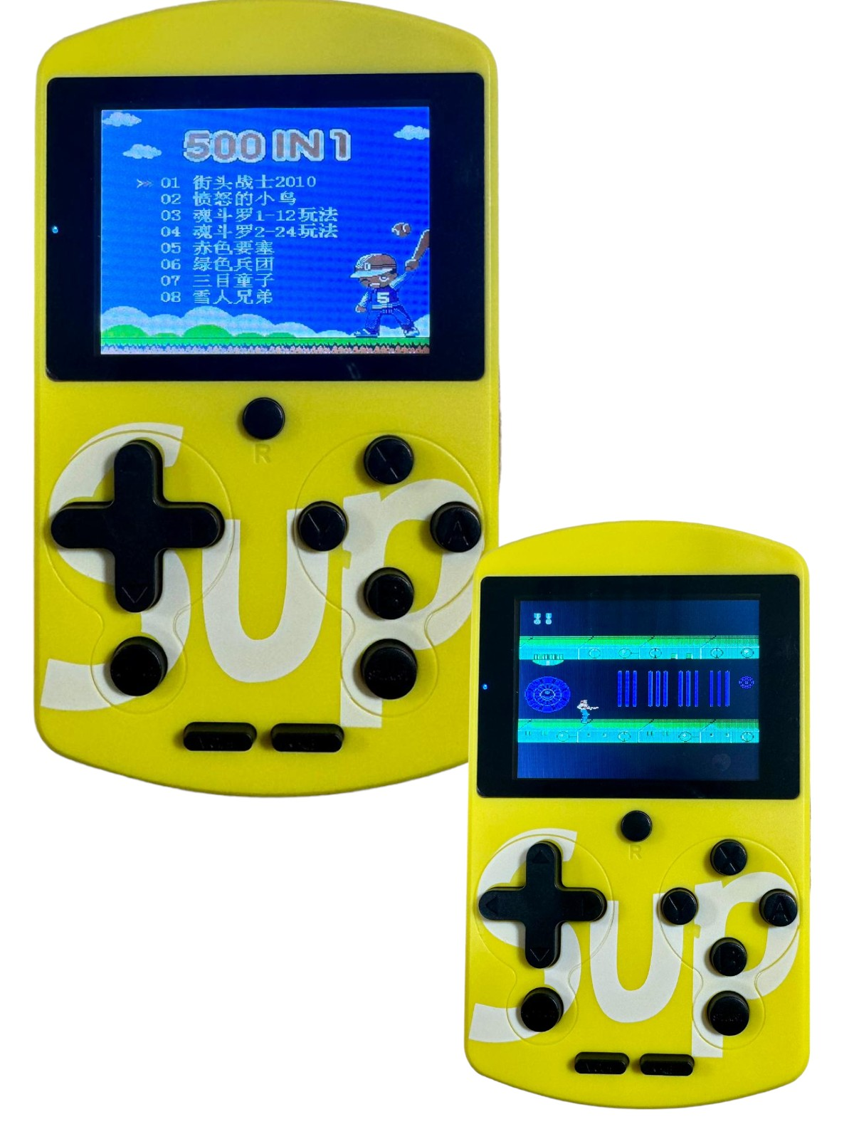 Dos consolas de juegos portátiles amarillas, cada una mostrando una pantalla de juego con gráficos variados.