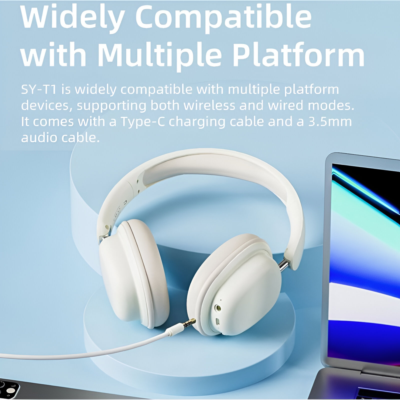 Auriculares blancos con cable, sobre una superficie azul claro, con texto.