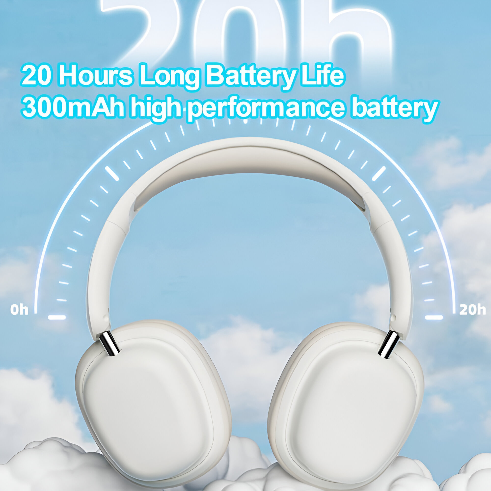 Auriculares blancos con batería de larga duración. Gráfico muestra 20 horas.