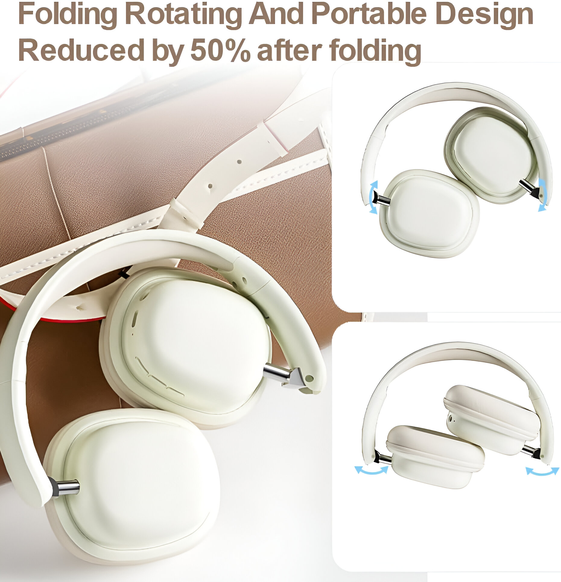 Auriculares blancos plegables con una bolsa marrón en el fondo, y un diagrama de plegado.