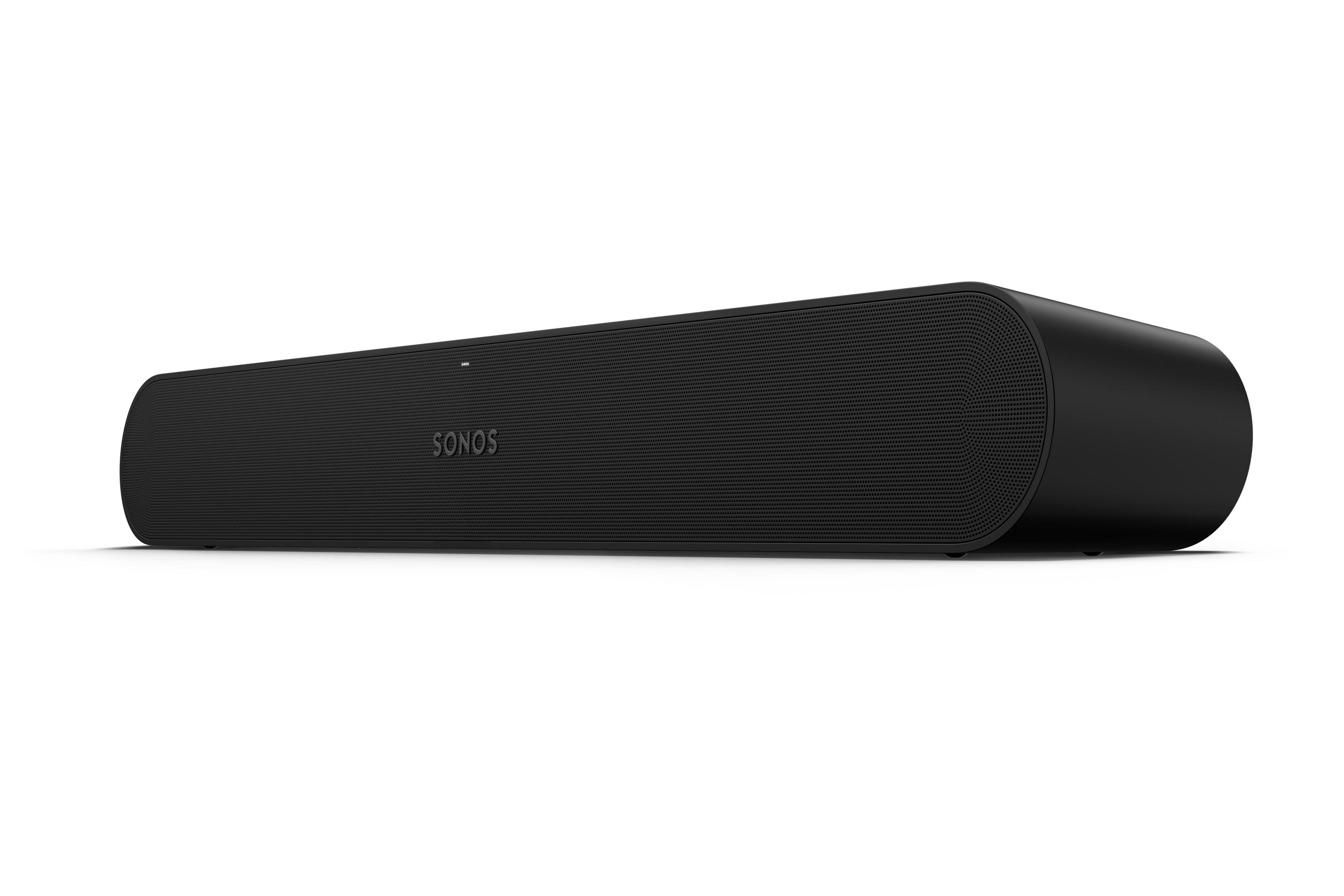 Ein schwarzer Soundbar-Lautsprecher wird horizontal auf weißem Hintergrund angezeigt und zeigt das Sonos-Logo.