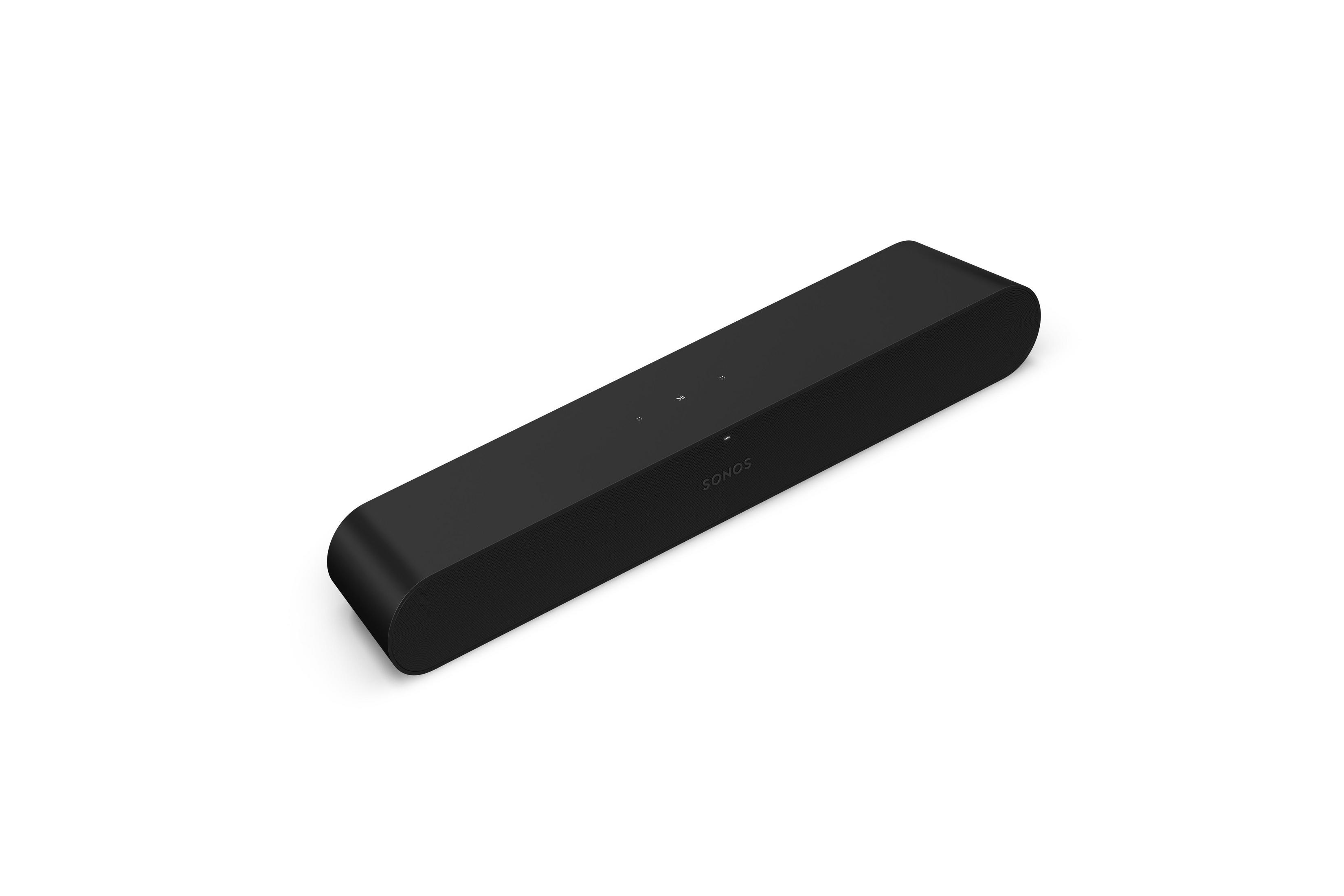 Schwarze Sonos Soundbar auf weißem Hintergrund, minimalistisches Design.