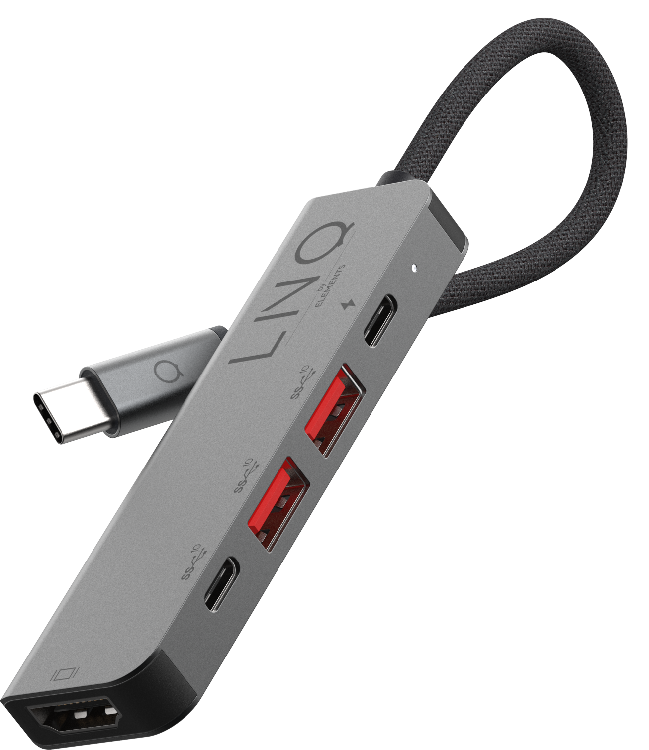 Hub USB-C grigio con più porte e cavo collegato.