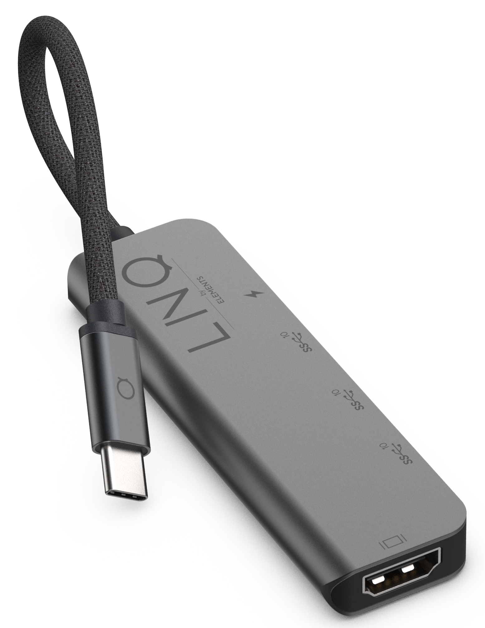 Hub USB-C grigio con diverse porte e un cavo nero su sfondo nero.