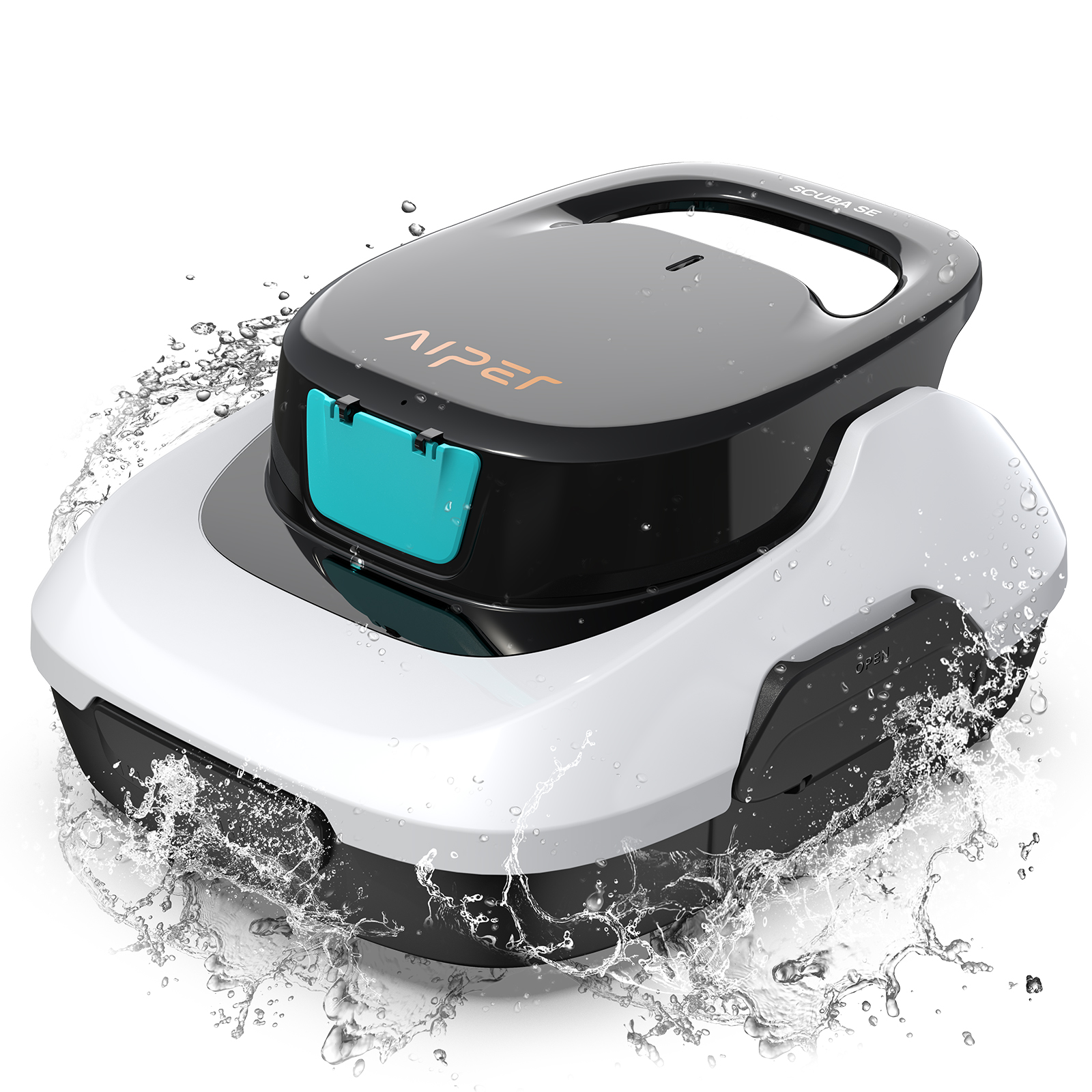 Roboter-Poolreiniger im Wasser. Blau-schwarzer Körper, spritzendes Wasser um ihn herum.