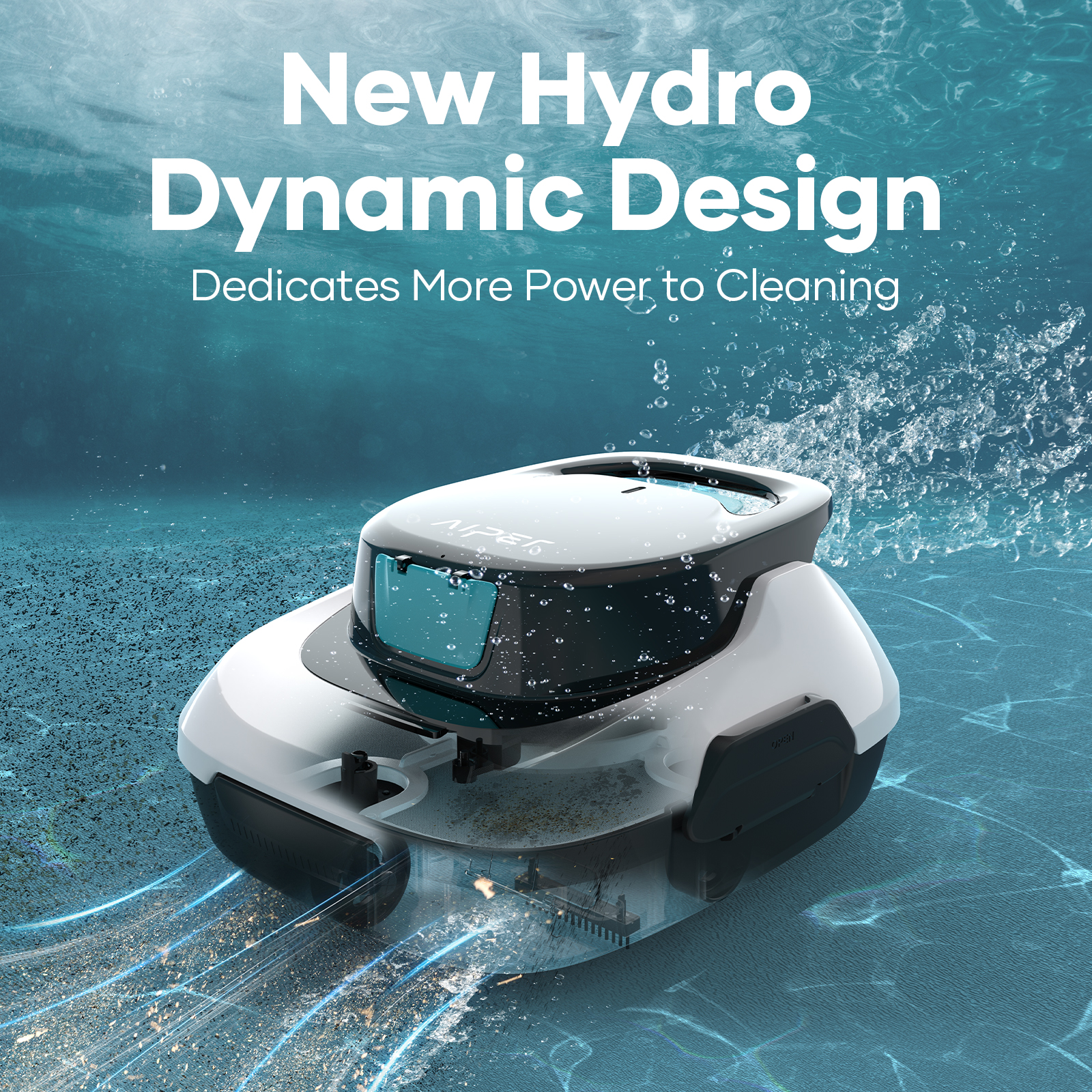 Ein Poolreiniger im Wasser. Der Text oben lautet: New Hydro Dynamic Design.
