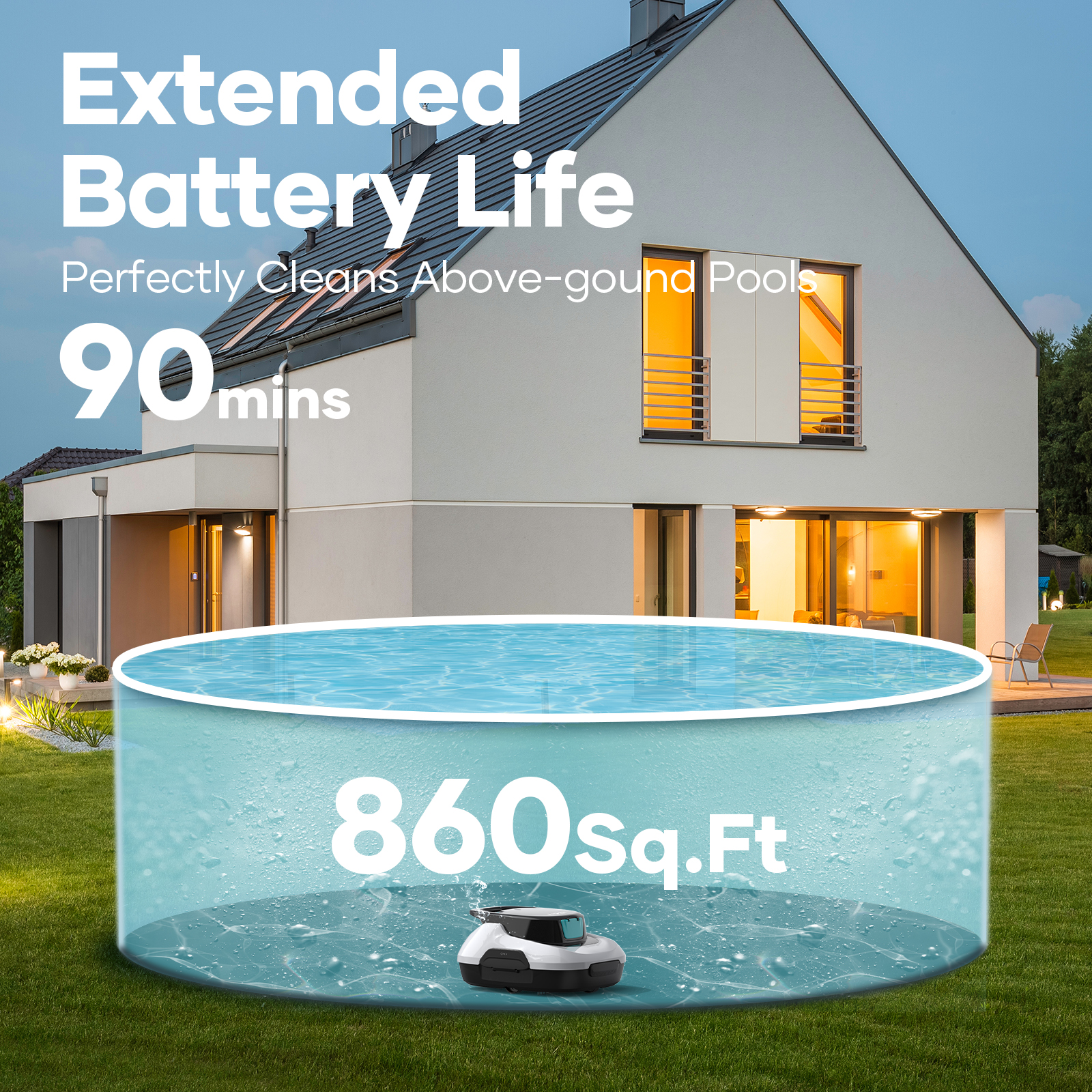 Ein Roboter-Poolreiniger in einem Pool. Der Pool hat Wasser. Der Hintergrund zeigt ein Haus und Gras.