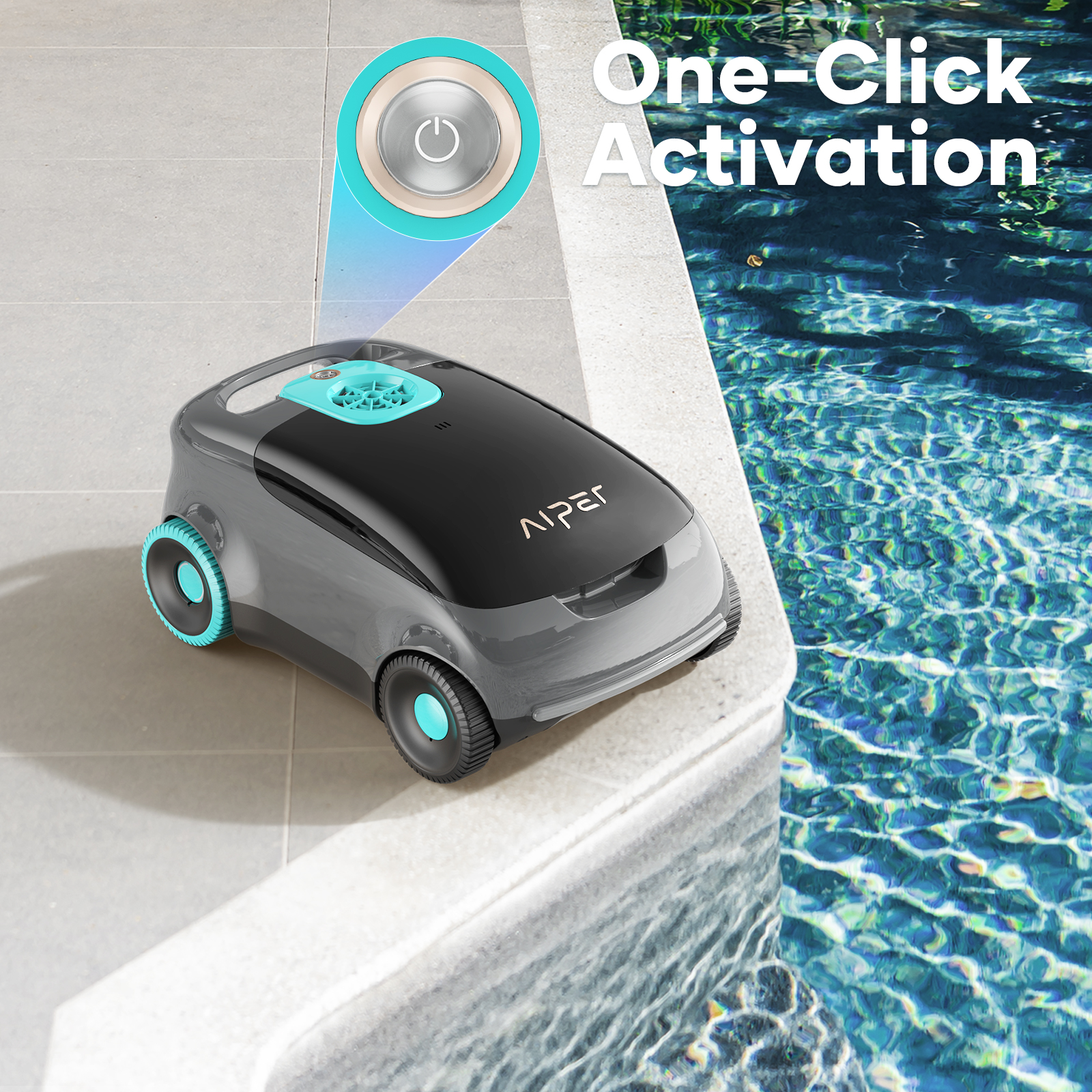 Un limpiador de piscina gris al borde de una piscina. Tiene un botón que dice 'One-Click Activation'.