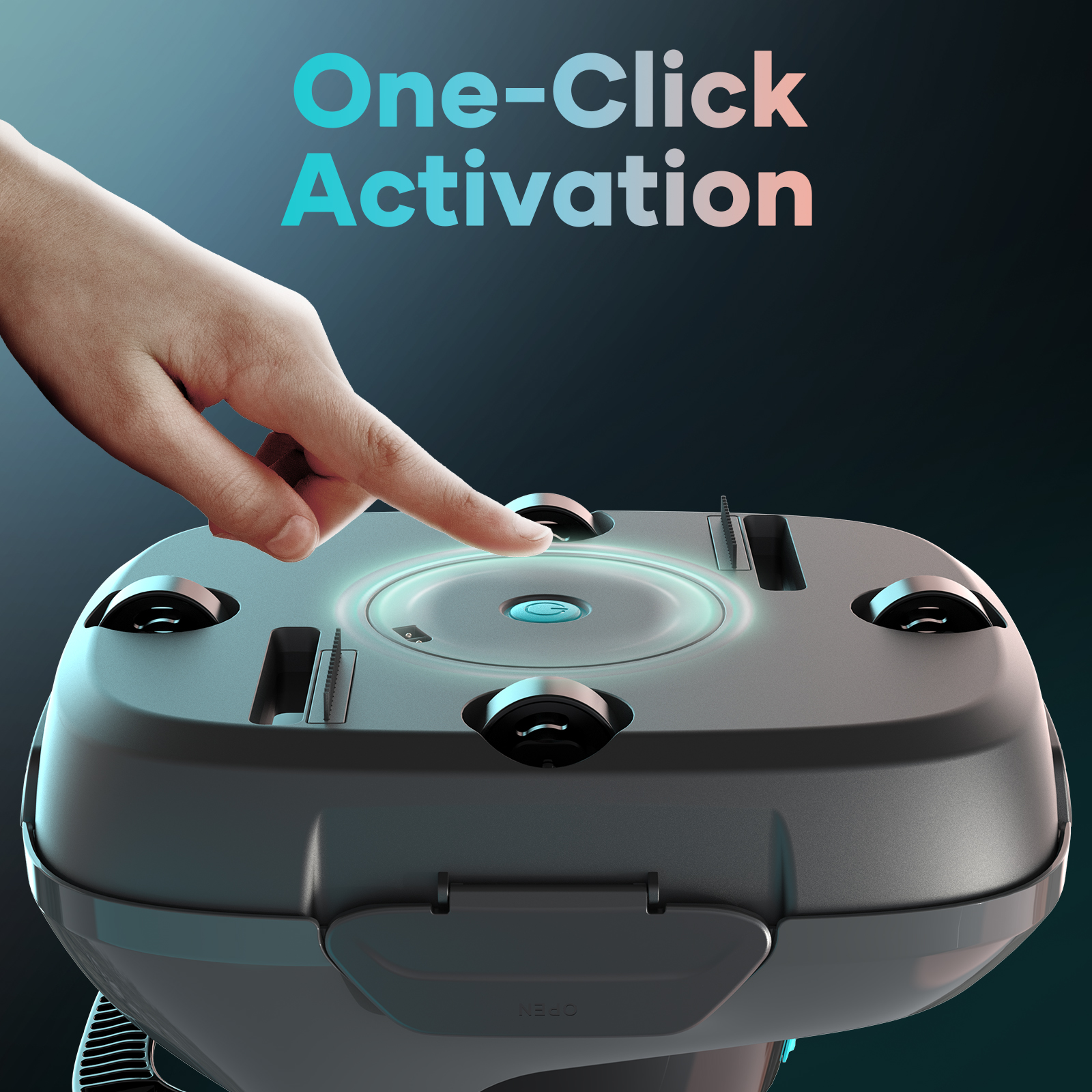 Ręka dotykająca przycisku na robocie sprzątającym. Widoczny tekst: 'One-Click Activation'.