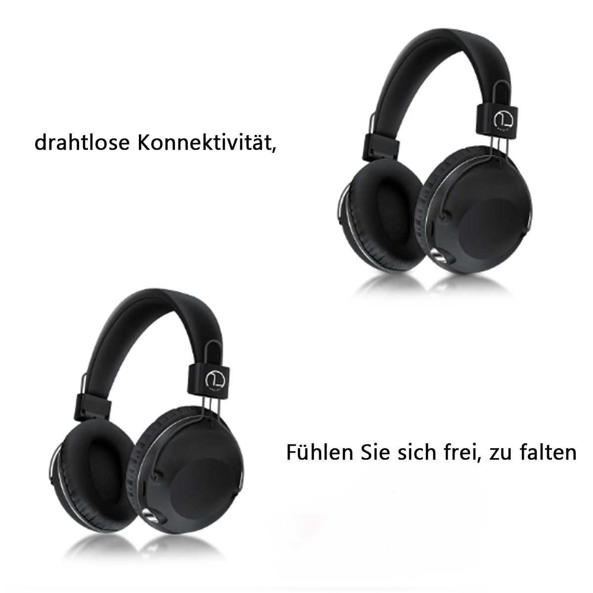 Zwei schwarze Kopfhörer mit deutschem Text: "drahtlose Konnektivität" und "Fühlen Sie sich frei, zu falten."
