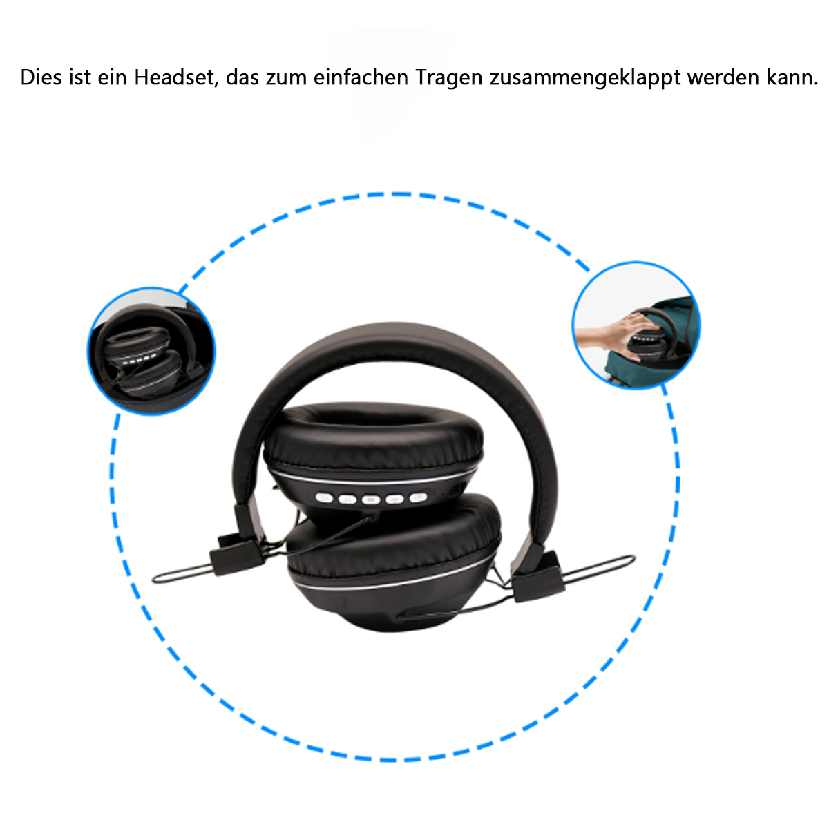 Gefaltete schwarze Kopfhörer mit weißen Akzenten und weißem Hintergrund, innerhalb eines gestrichelten blauen Kreises.