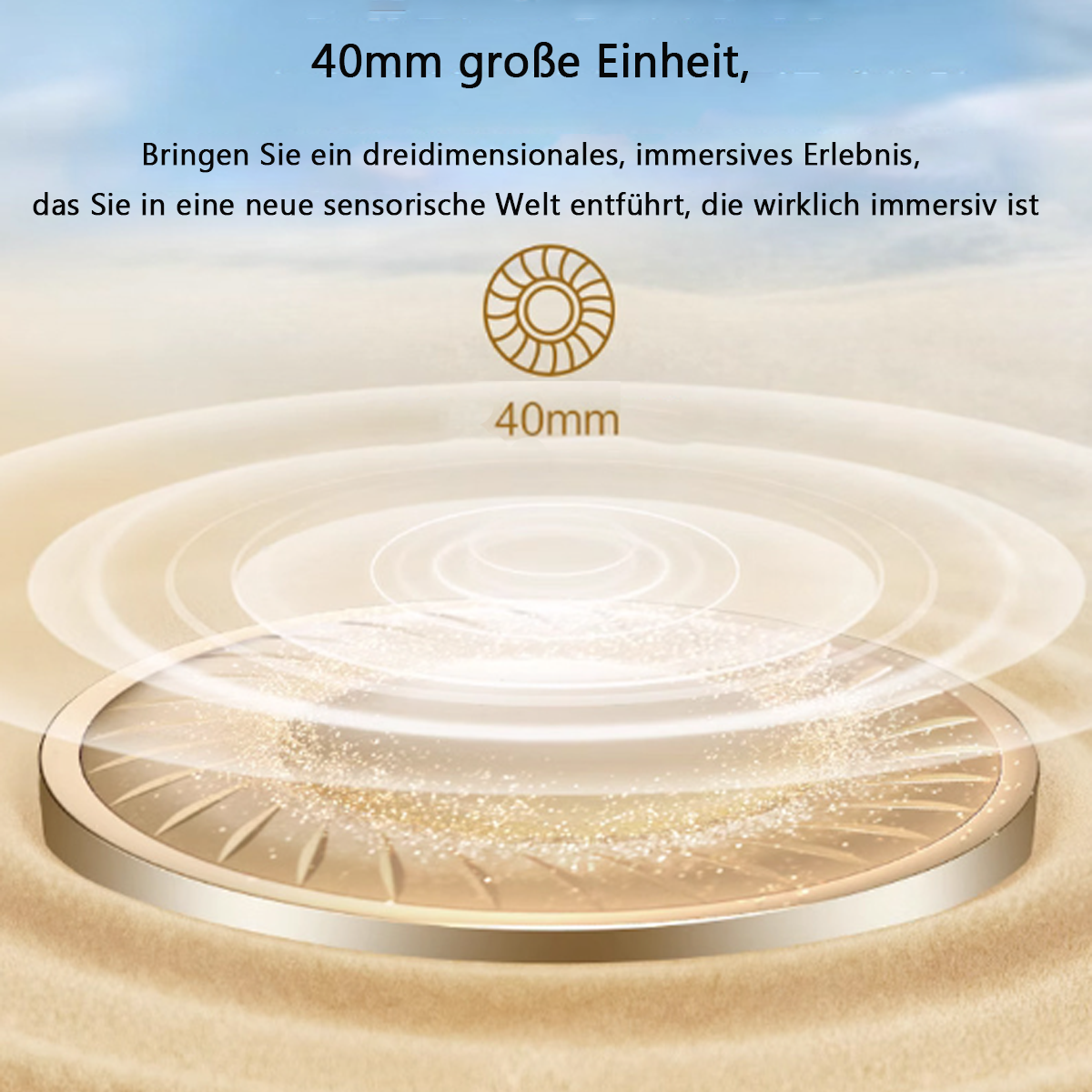 Ein goldener Kreis auf sandartigem Hintergrund. Der Text lautet „40mm“ und „40mm große Einheit“.