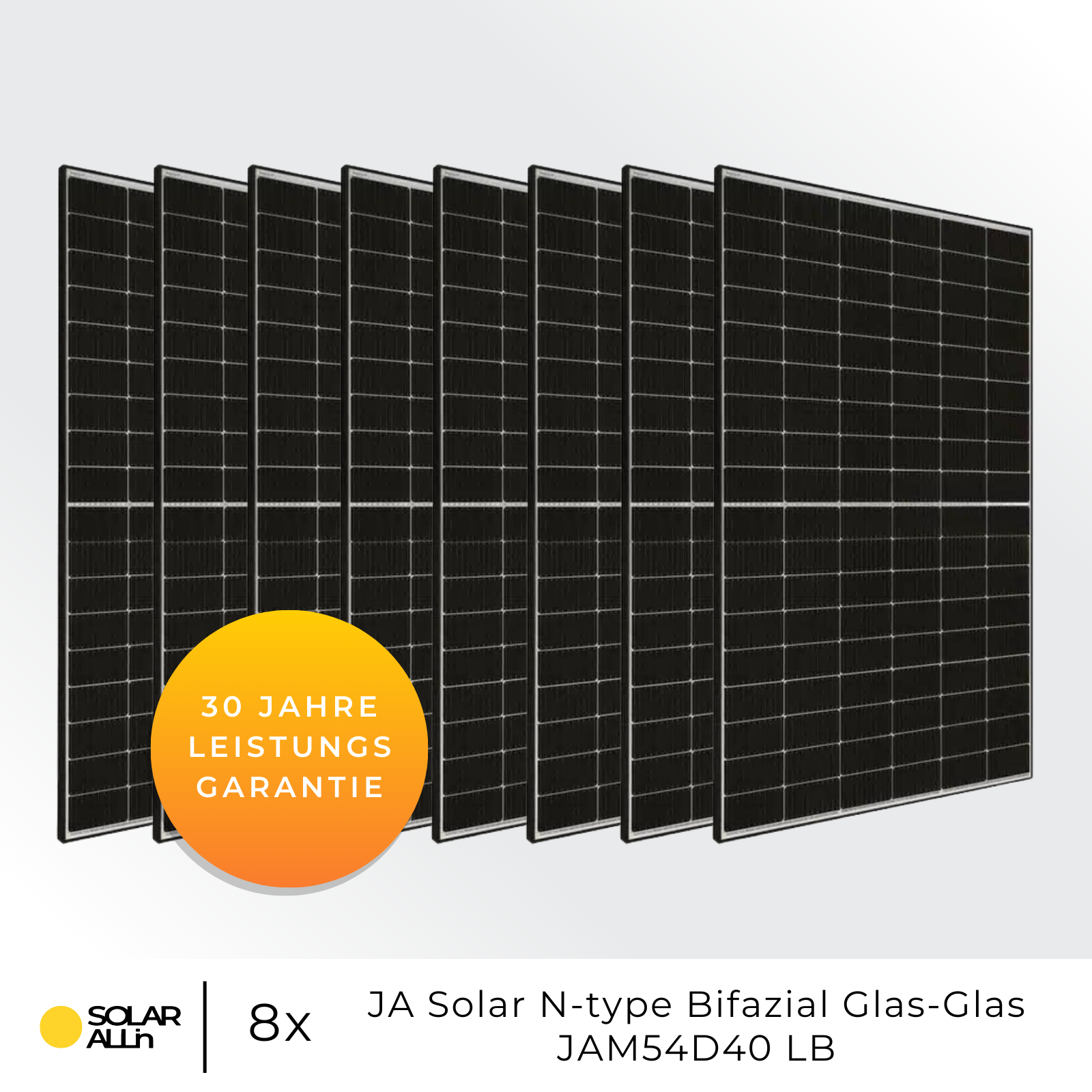 Acht schwarze Solarmodule mit einem gelben Kreis, der eine Garantie anzeigt, und Text.