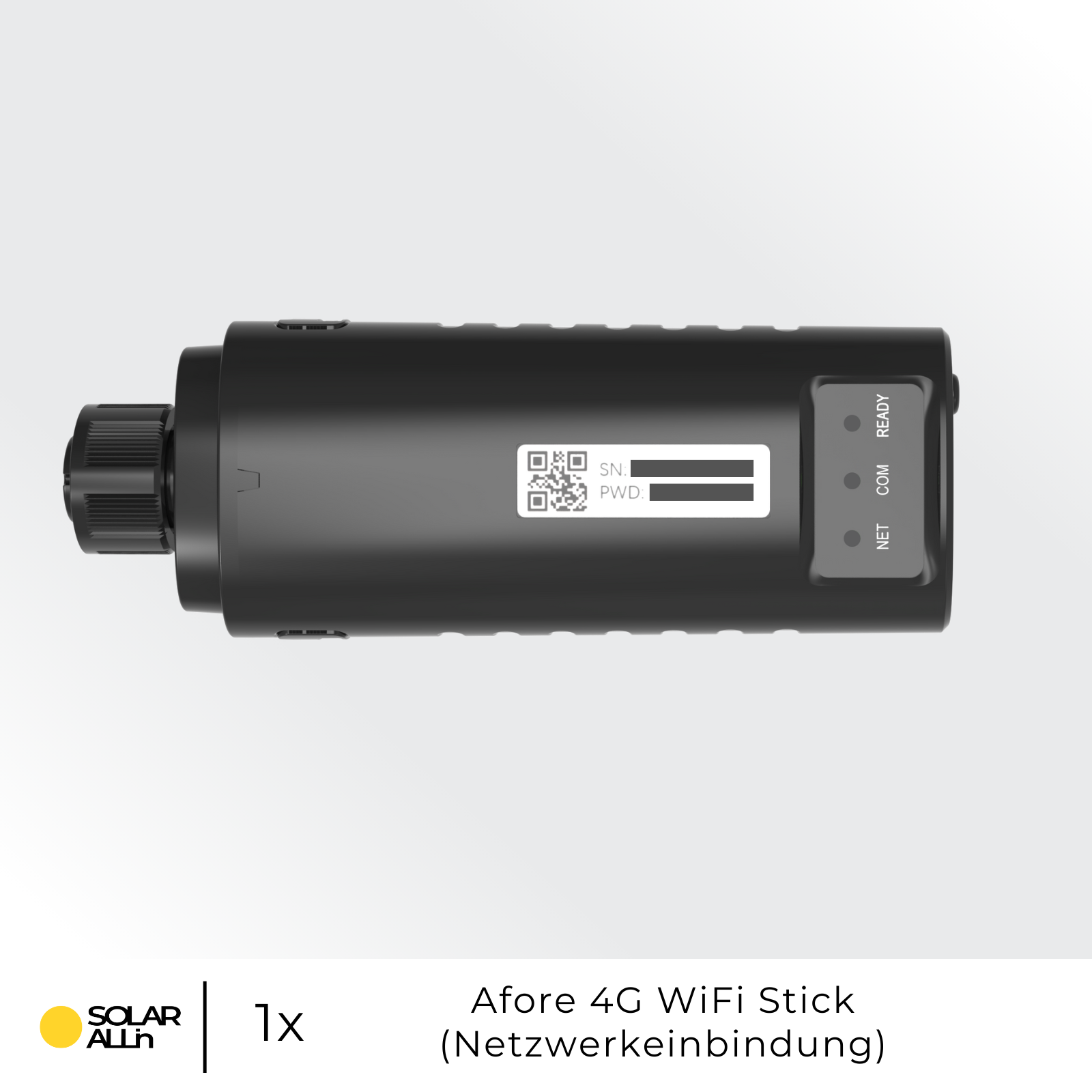 Schwarzer 4G-WLAN-Stick, zylindrische Form, mit Etiketten und Anschlüssen am Ende. Das Etikett enthält QR-Codes.