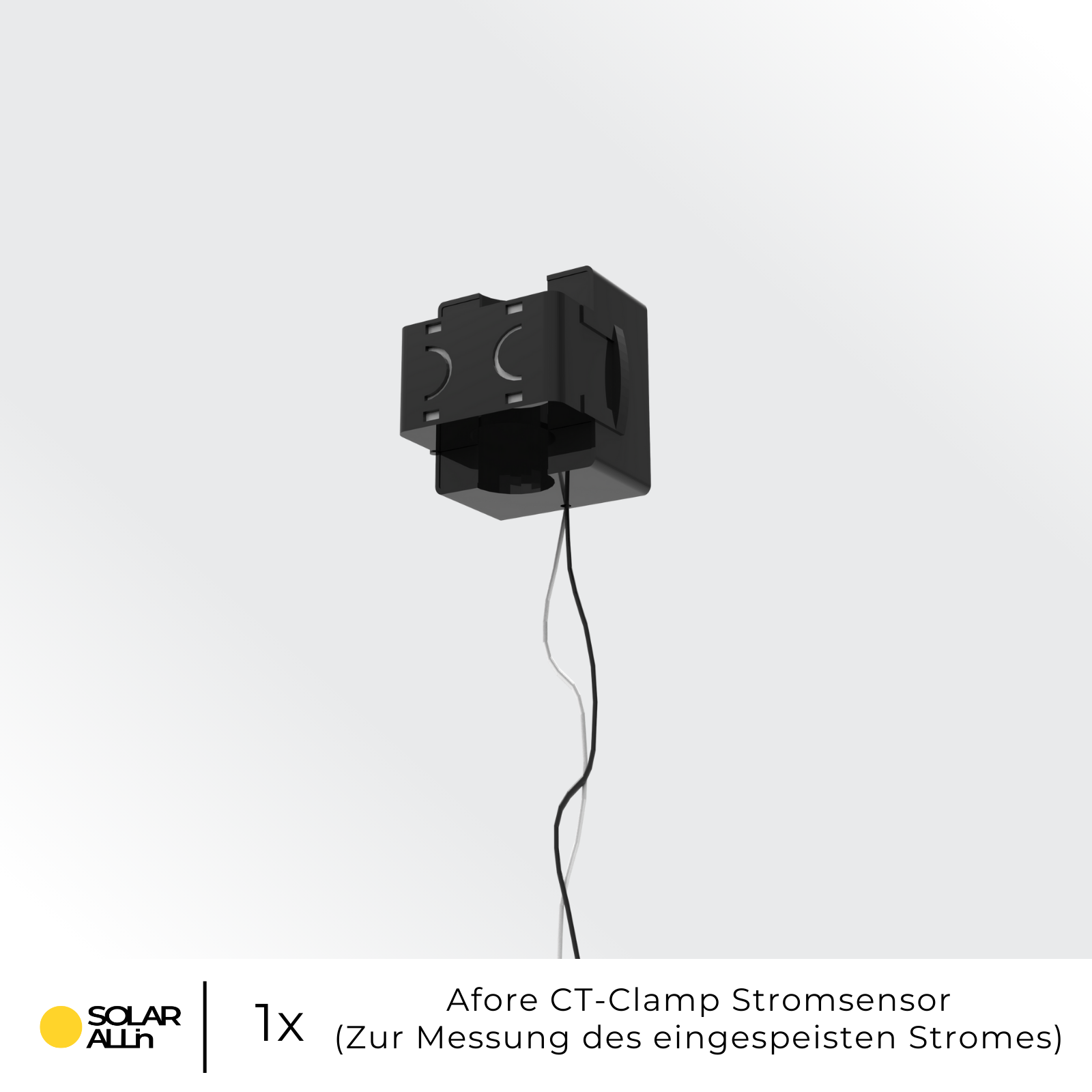 Ein schwarzer CT-Clamp Stromsensor mit Drähten auf weißem Hintergrund.