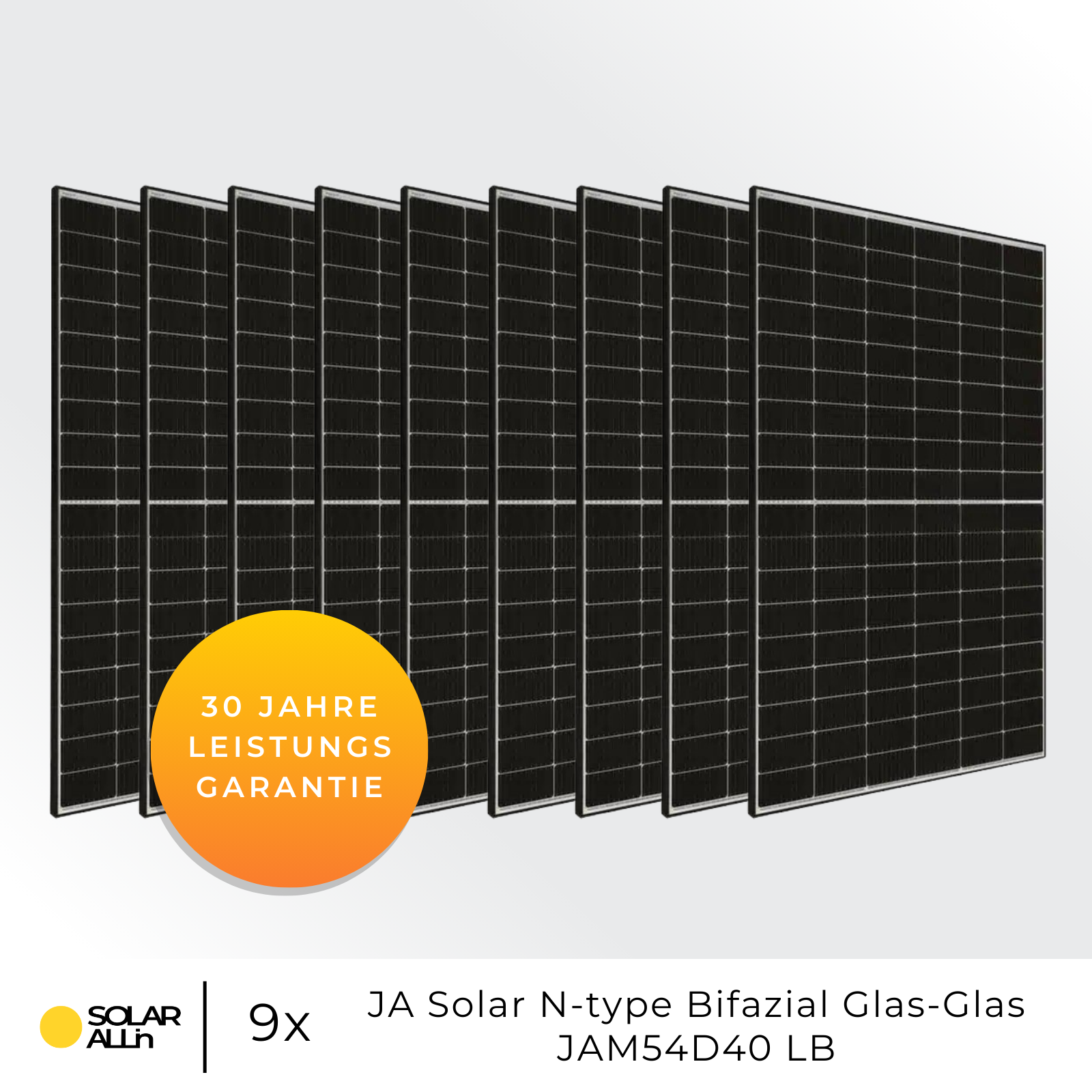 Neun schwarze Solarmodule. Gelber Kreis mit Text. Weißer Text auf der Unterseite.